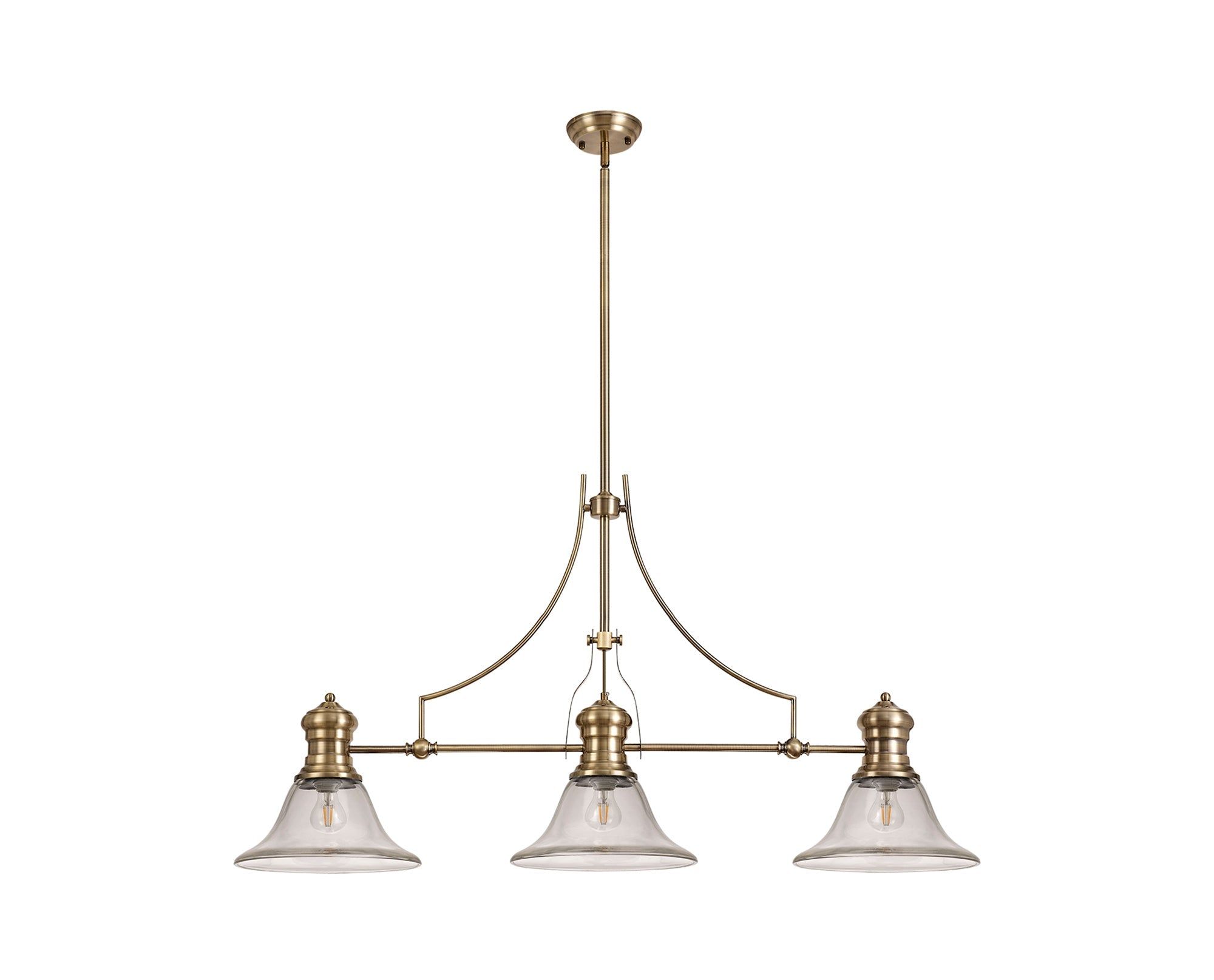 Savannah 3 Light Linear Pendant E27 With 30cm Smooth Bell Glass Shade, Antique Brass, Clear