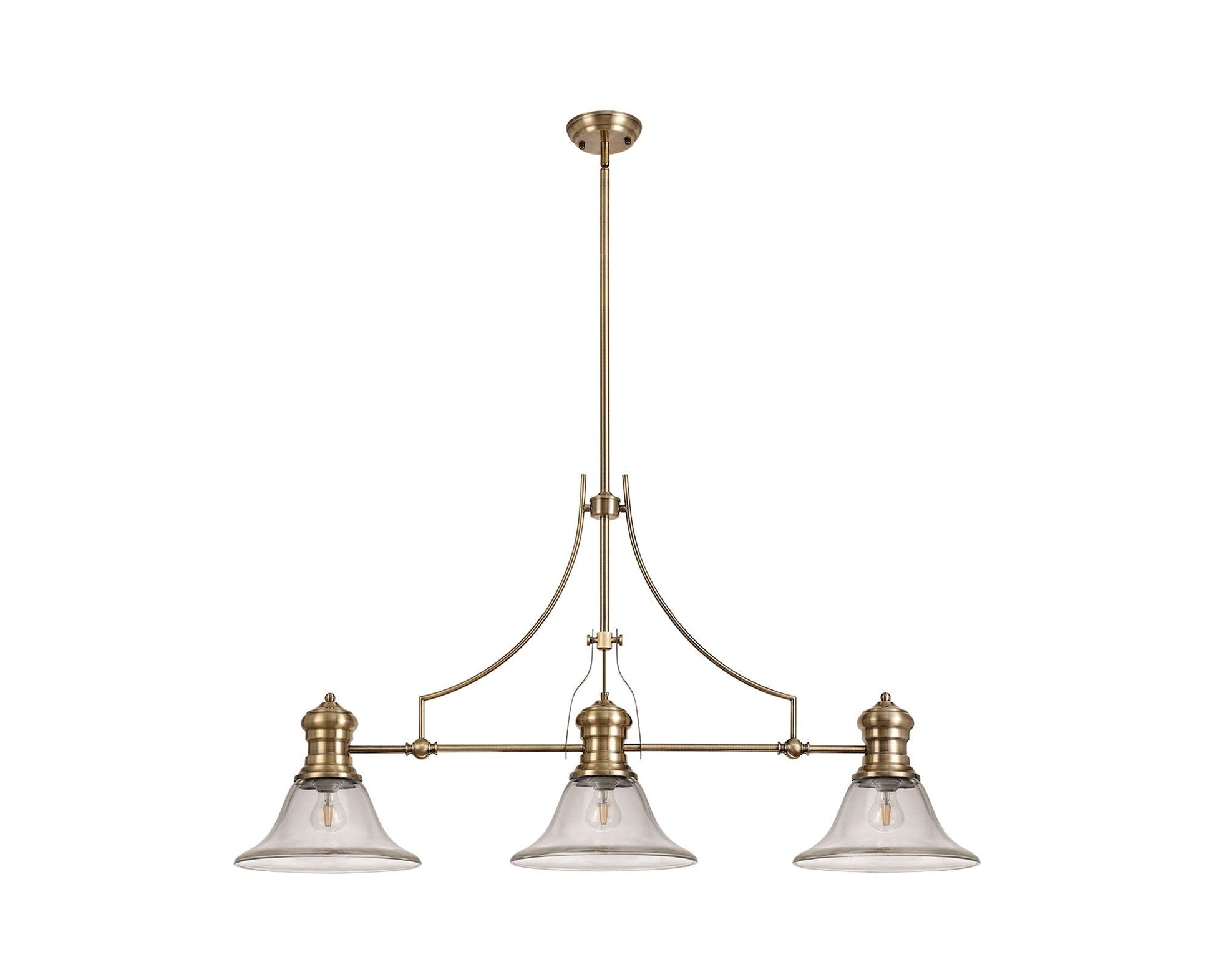 Savannah 3 Light Linear Pendant E27 With 30cm Smooth Bell Glass Shade, Antique Brass, Clear
