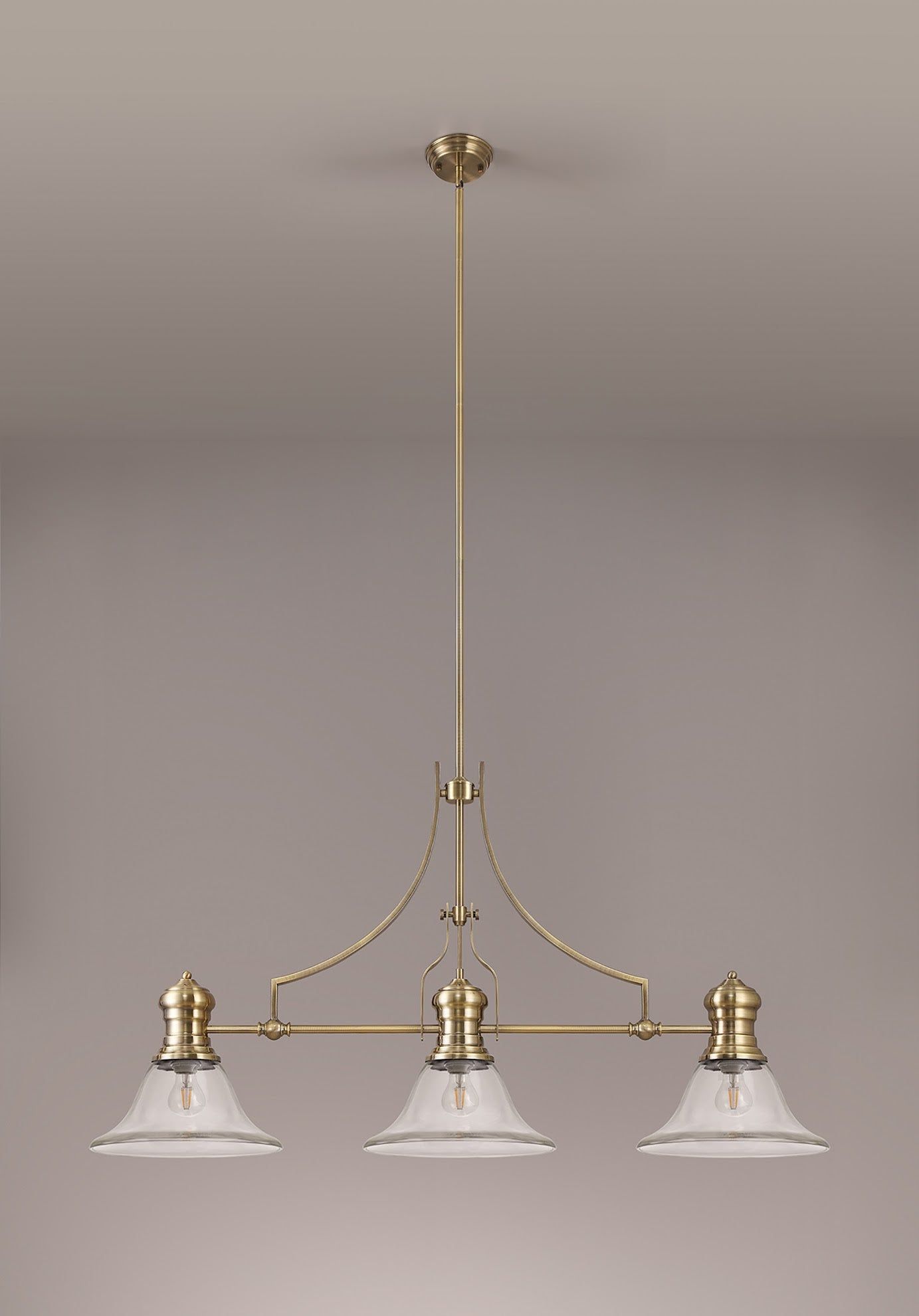 Savannah 3 Light Linear Pendant E27 With 30cm Smooth Bell Glass Shade, Antique Brass, Clear