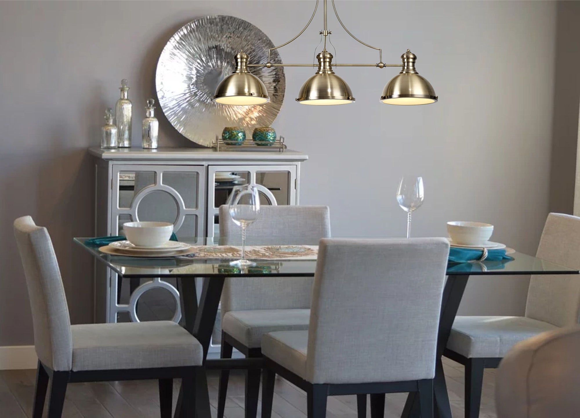 Savannah Linear Pendant, 3 x E27, Antique Brass/Frosted Glass