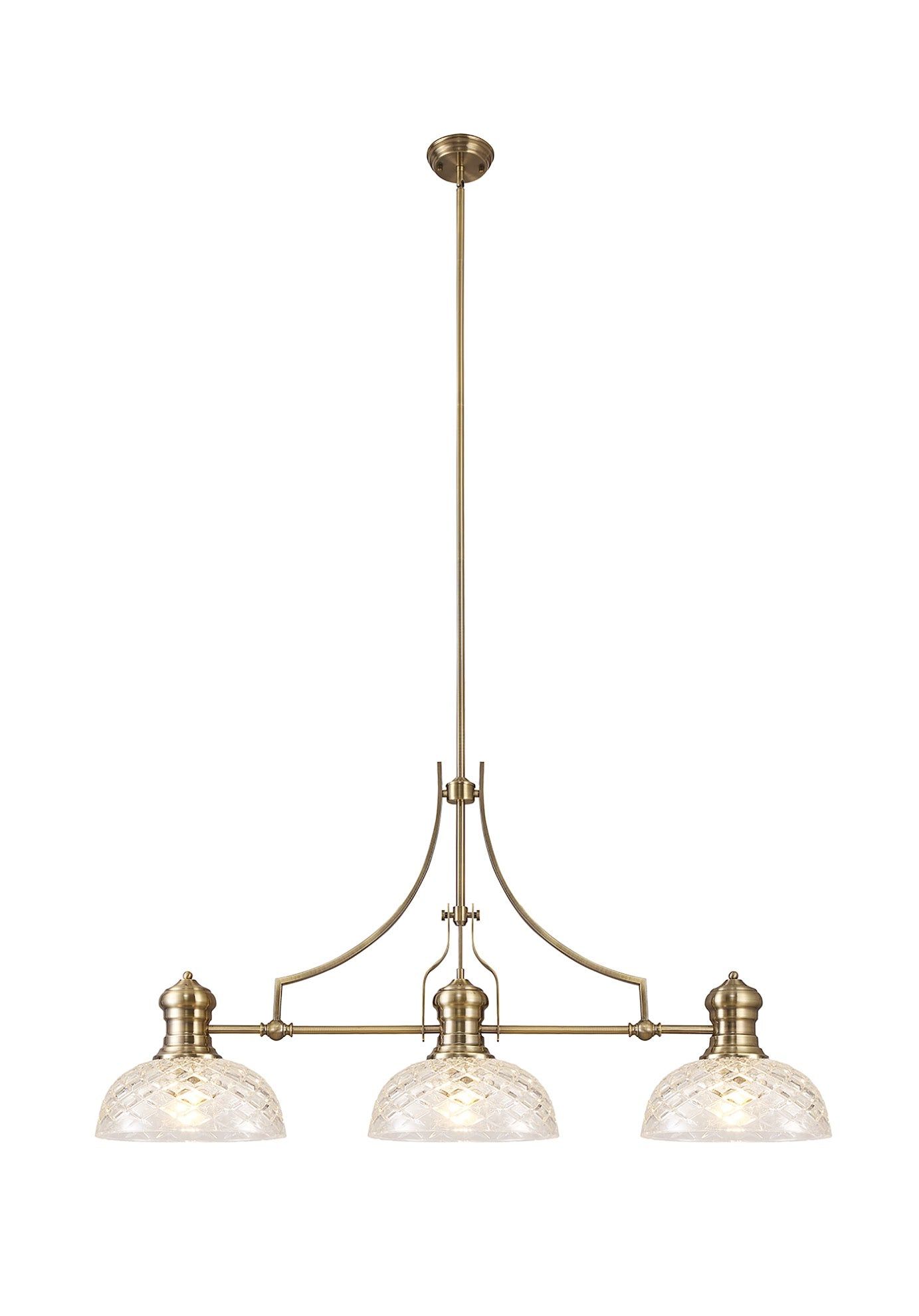 Savannah Linear Pendant With 30cm Flat Round Patterned Shade, 3 x E27, Antique Brass/Clear Glass