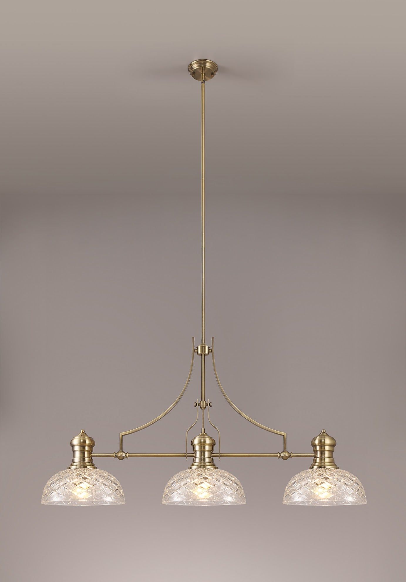 Savannah Linear Pendant With 30cm Flat Round Patterned Shade, 3 x E27, Antique Brass/Clear Glass