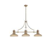 Savannah 3 Light Linear Pendant E27 With 30cm Round Glass Shade, Antique Brass, Amber
