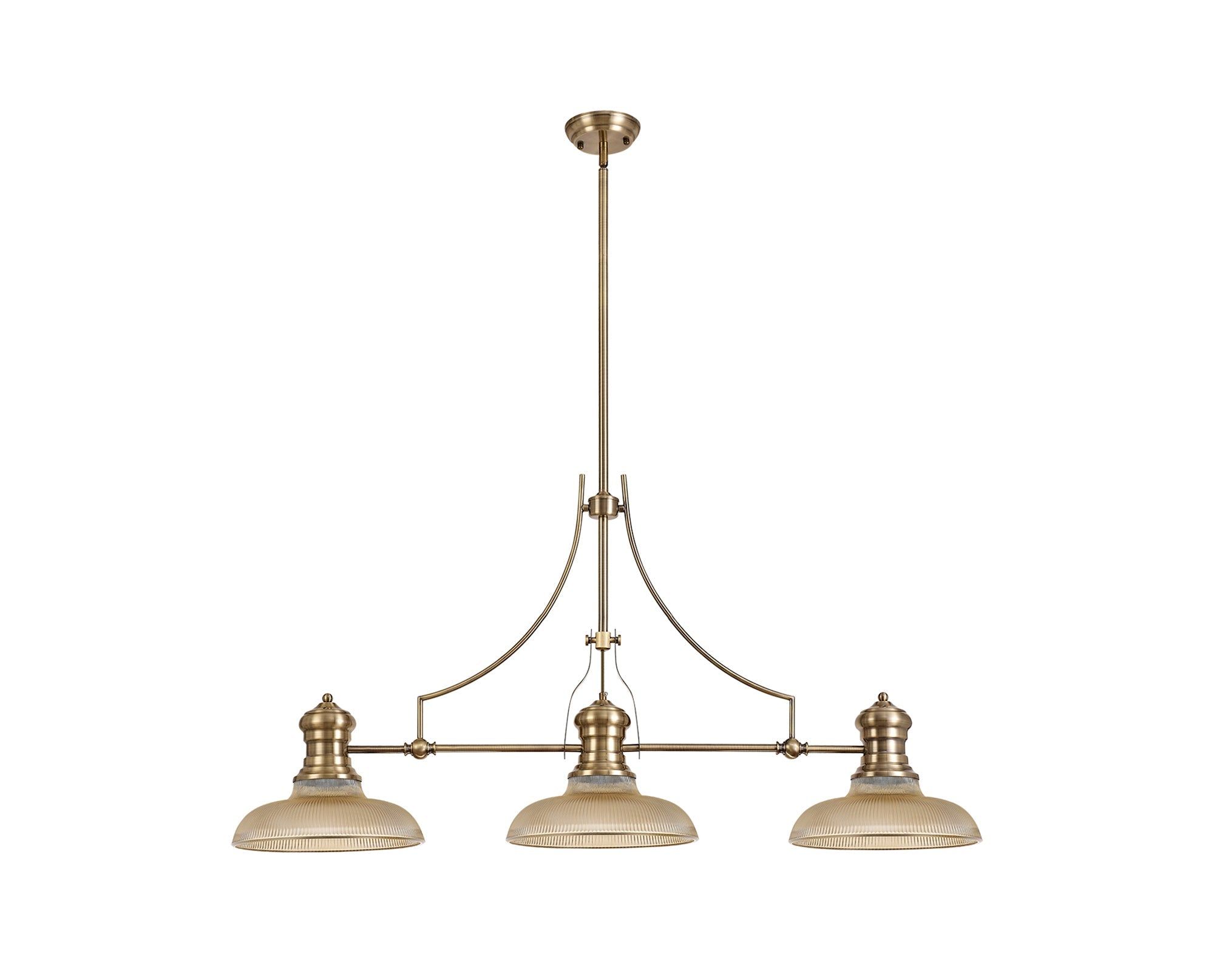 Savannah 3 Light Linear Pendant E27 With 30cm Round Glass Shade, Antique Brass, Amber