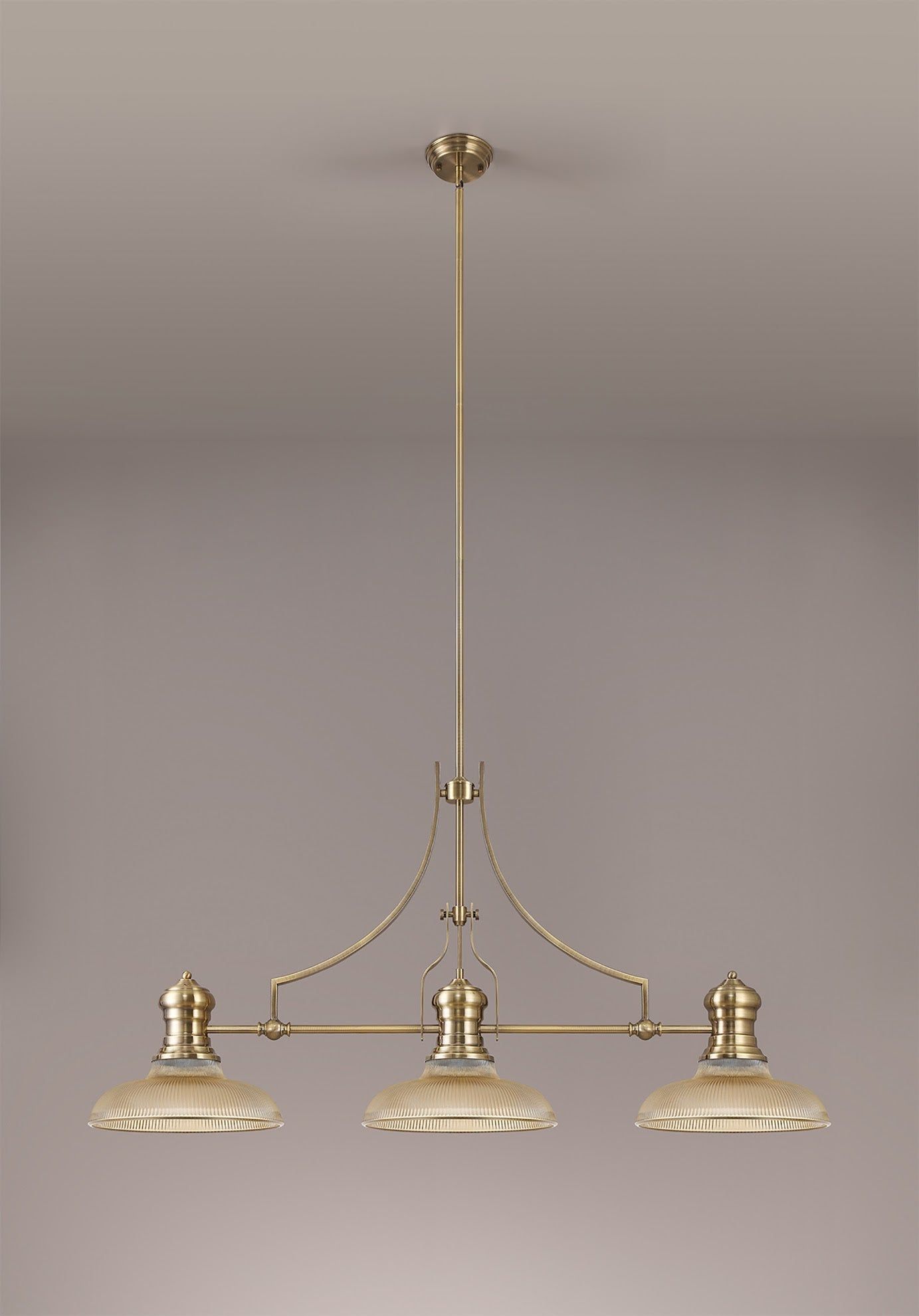 Savannah 3 Light Linear Pendant E27 With 30cm Round Glass Shade, Antique Brass, Amber