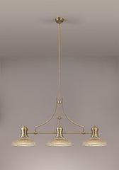 Savannah 3 Light Linear Pendant E27 With 30cm Round Glass Shade, Antique Brass, Amber