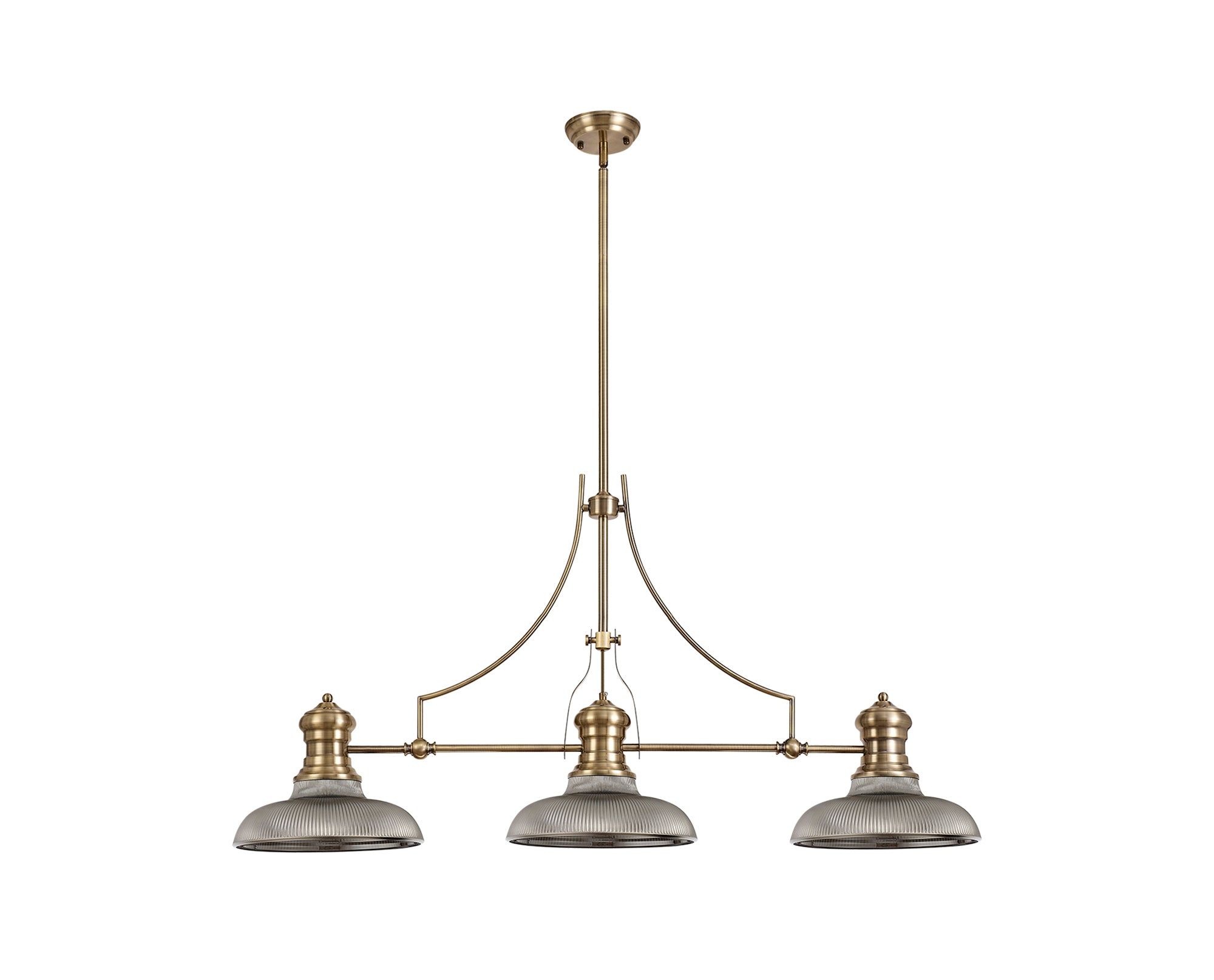 Savannah 3 Light Linear Pendant E27 With 30cm Round Glass Shade, Antique Brass, Smoked