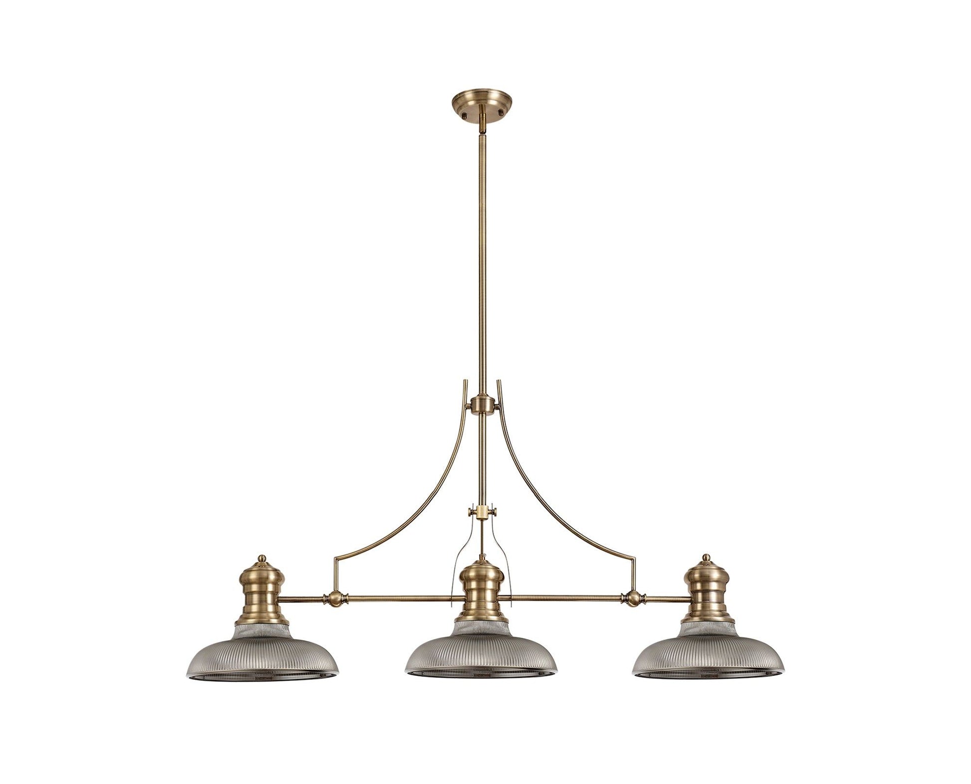 Savannah 3 Light Linear Pendant E27 With 30cm Round Glass Shade, Antique Brass, Smoked