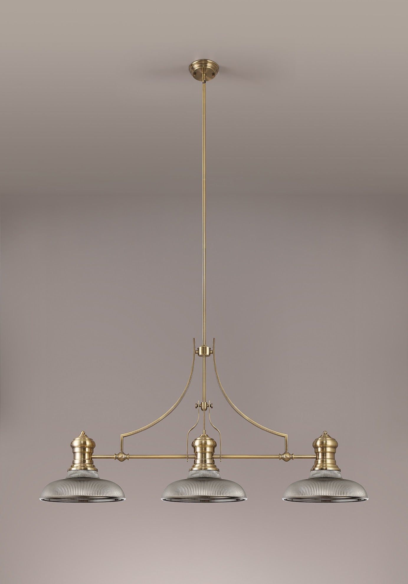 Savannah 3 Light Linear Pendant E27 With 30cm Round Glass Shade, Antique Brass, Smoked