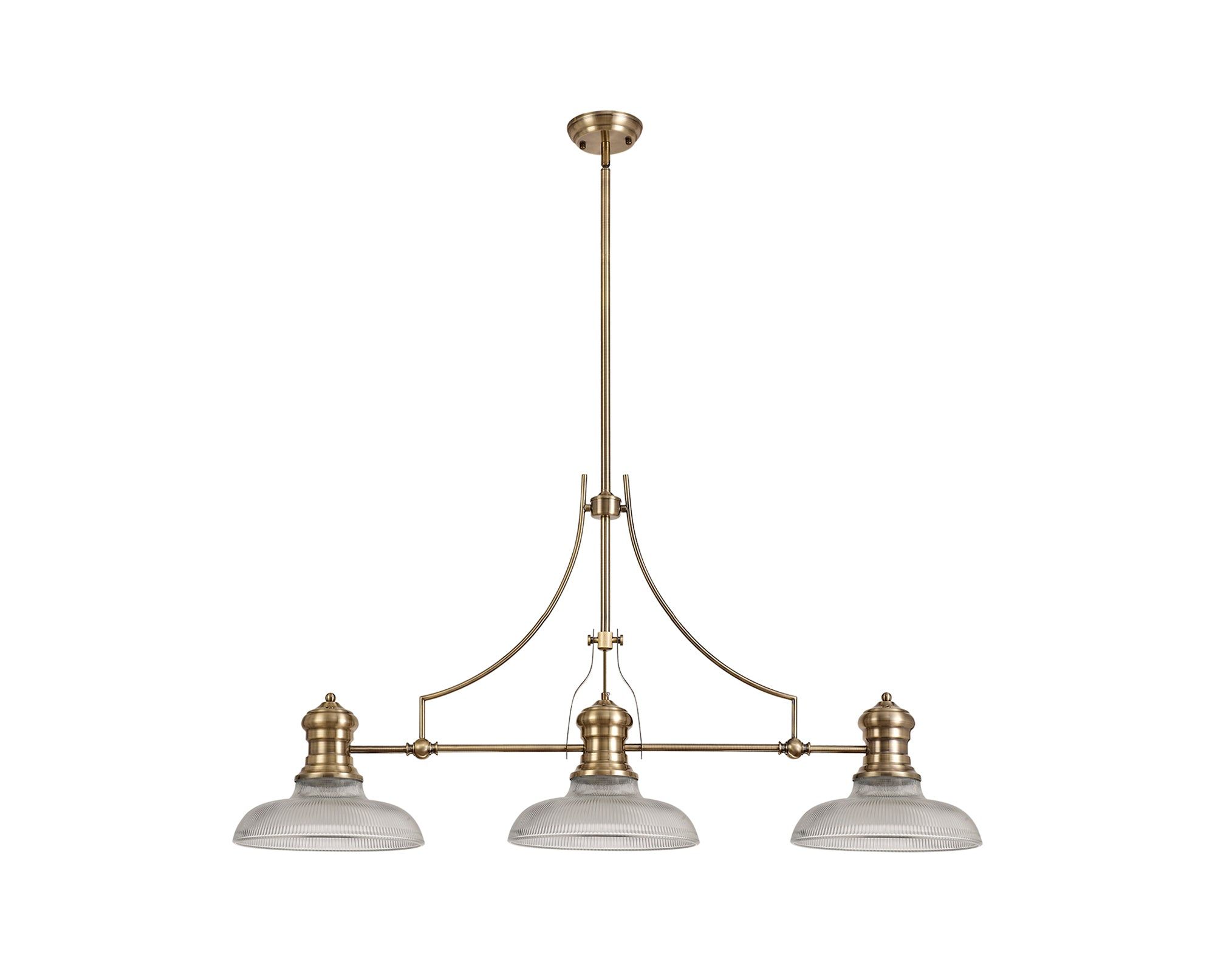 Savannah 3 Light Linear Pendant E27 With 30cm Round Glass Shade, Antique Brass, Clear