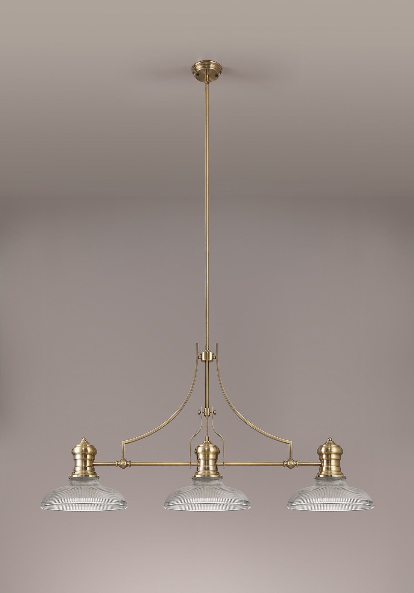 Savannah 3 Light Linear Pendant E27 With 30cm Round Glass Shade, Antique Brass, Clear
