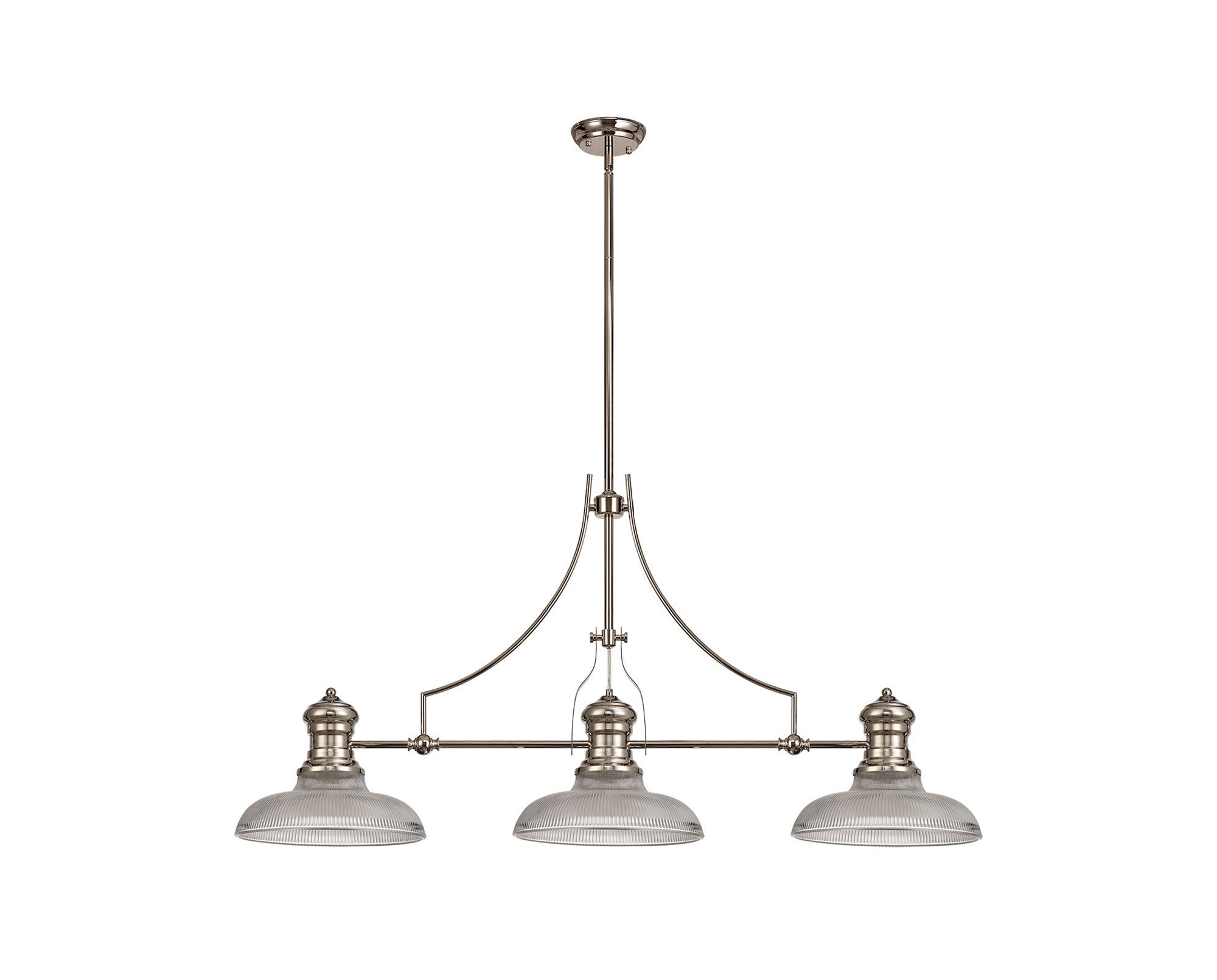 Savannah 3 Light Linear Pendant E27 With 30cm Round Glass Shade, Polished Nickel, Clear