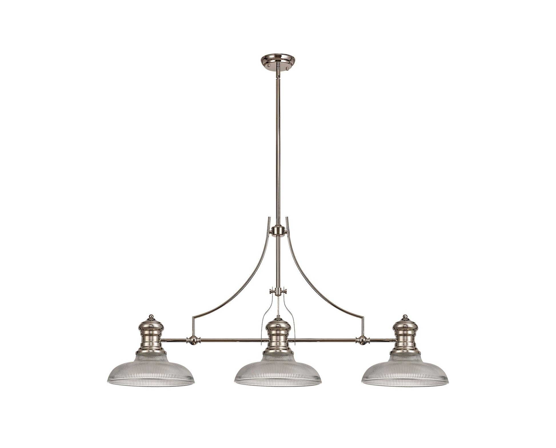 Savannah 3 Light Linear Pendant E27 With 30cm Round Glass Shade, Polished Nickel, Clear