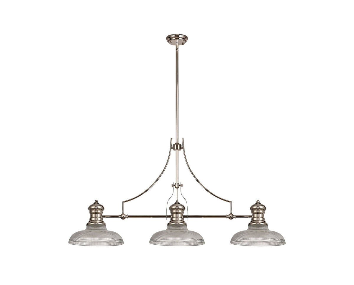 Savannah 3 Light Linear Pendant E27 With 30cm Round Glass Shade, Polished Nickel, Clear