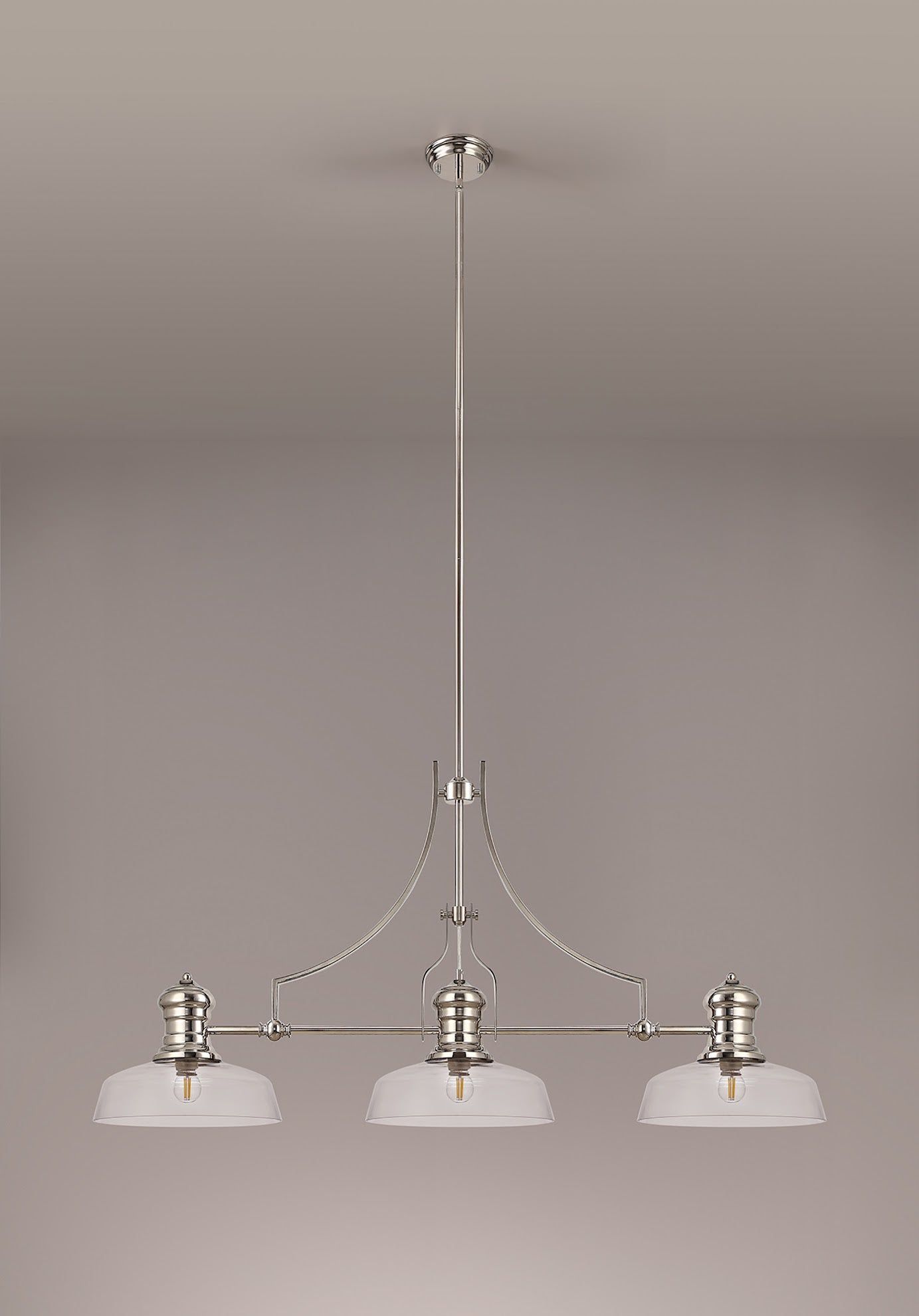Savannah 3 Light Linear Pendant E27 With 30cm Flat Round Glass Shade, Polished Nickel, Clear