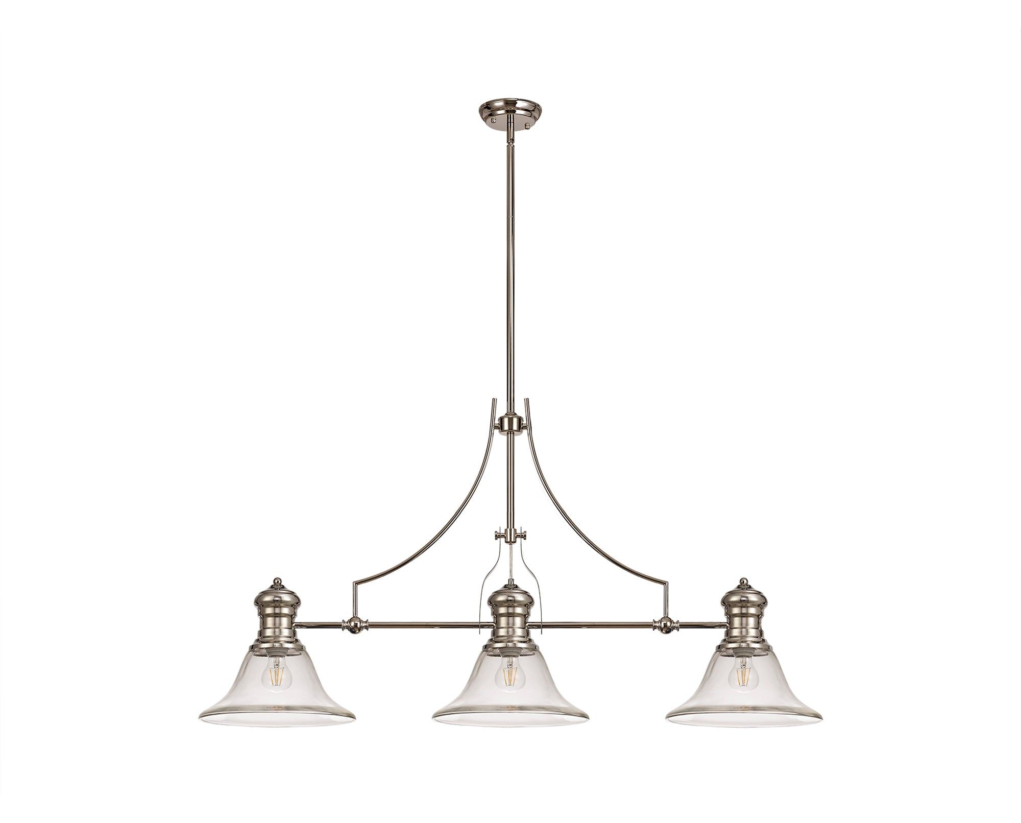 Savannah 3 Light Linear Pendant E27 With 30cm Smooth Bell Glass Shade, Polished Nickel, Clear