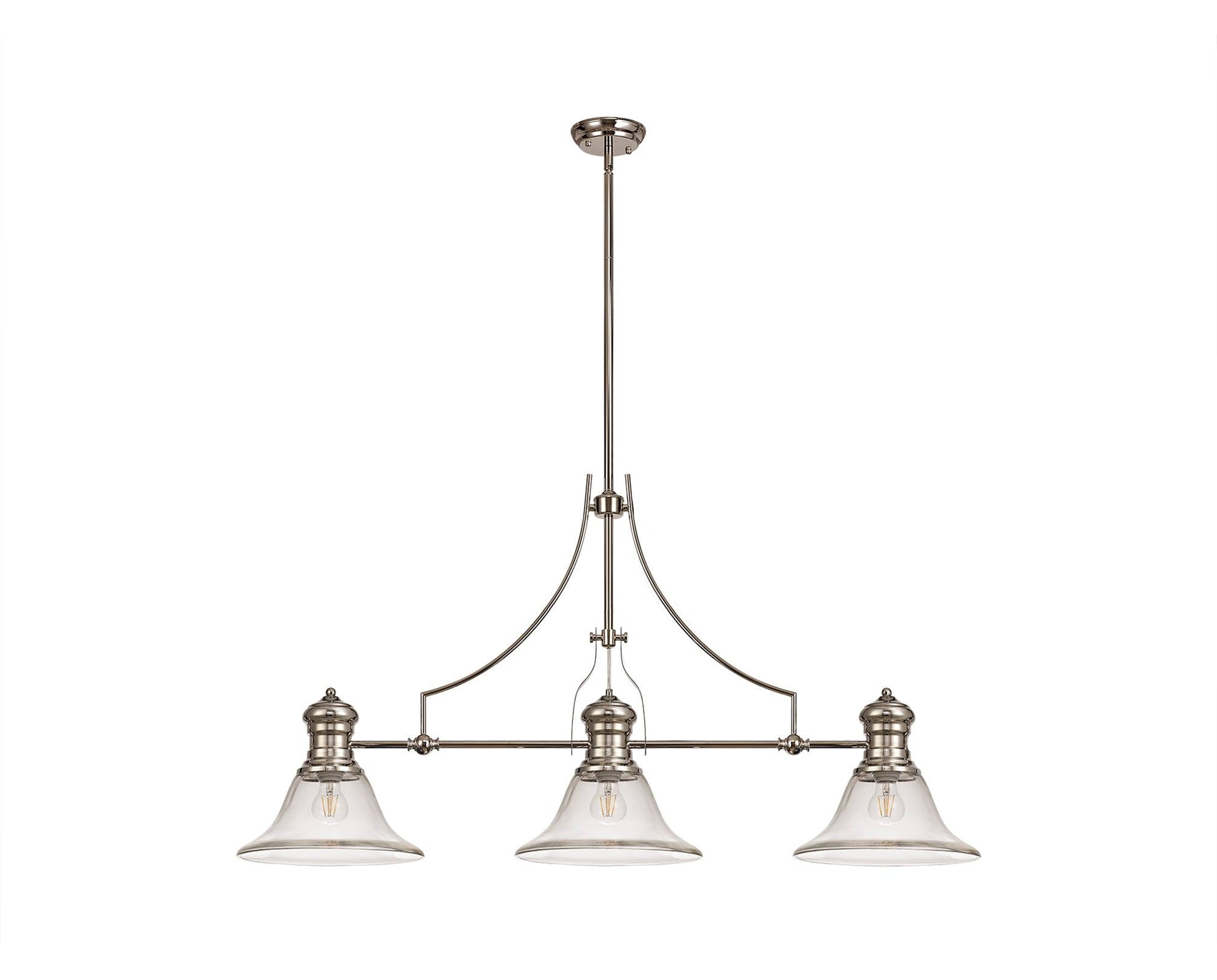 Savannah 3 Light Linear Pendant E27 With 30cm Smooth Bell Glass Shade, Polished Nickel, Clear