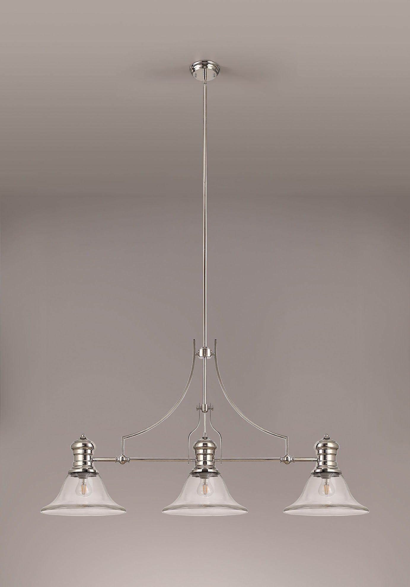 Savannah 3 Light Linear Pendant E27 With 30cm Smooth Bell Glass Shade, Polished Nickel, Clear