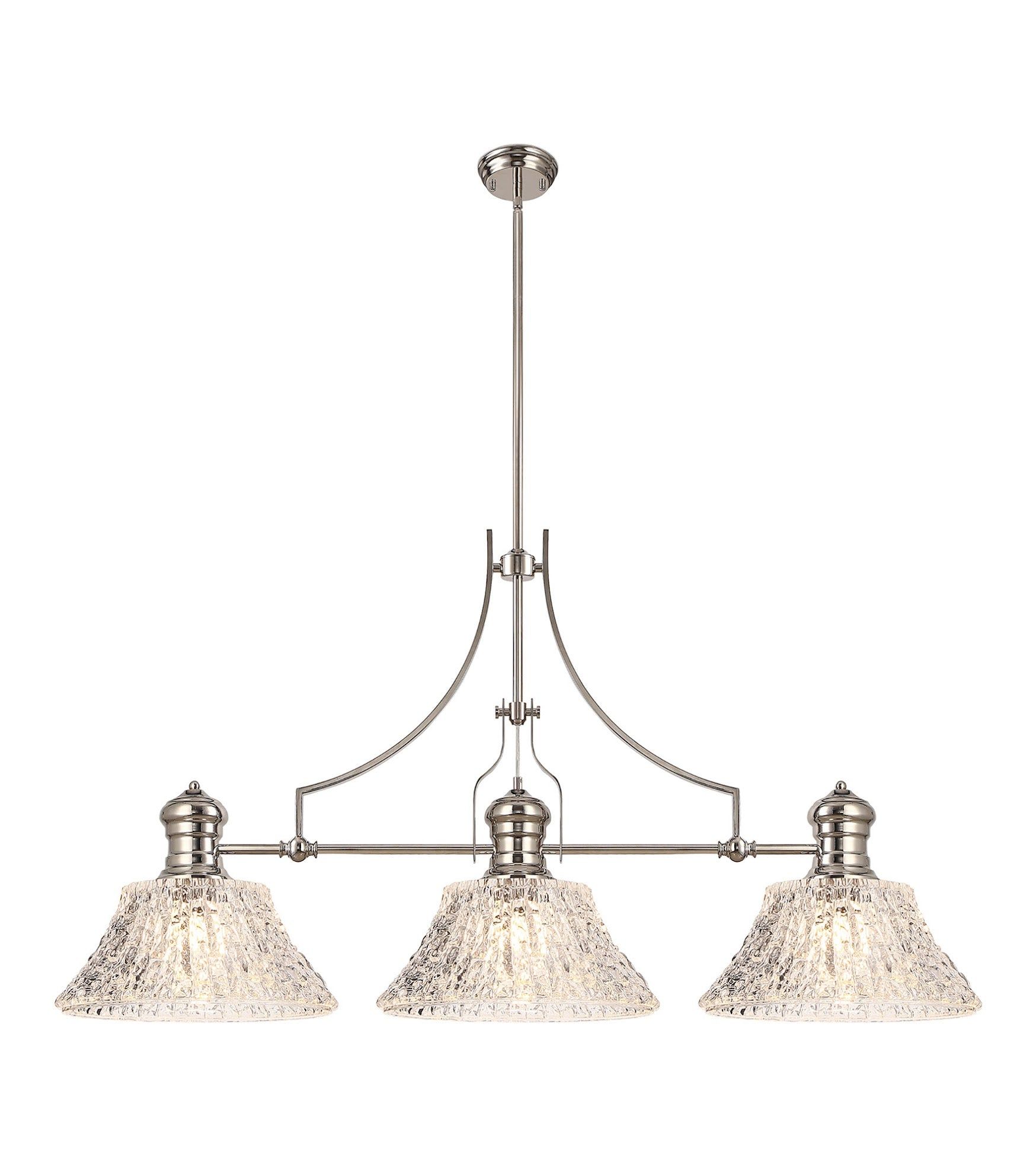 Savannah Linear Pendant With 38cm Patterned Round Shade, 3 x E27, Polished Nickel/Clear Glass Item Weight: 19.1kg