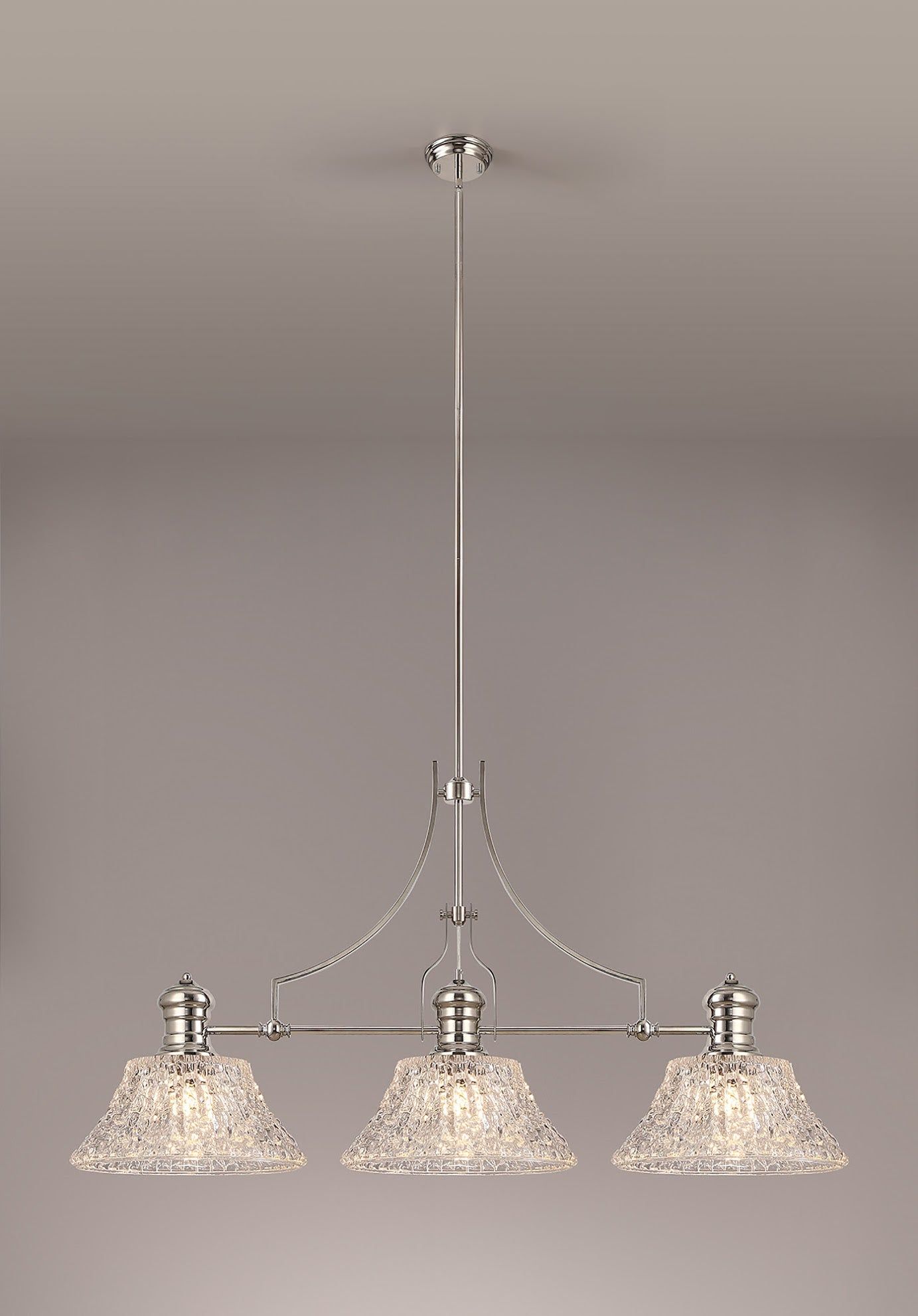 Savannah Linear Pendant With 38cm Patterned Round Shade, 3 x E27, Polished Nickel/Clear Glass Item Weight: 19.1kg