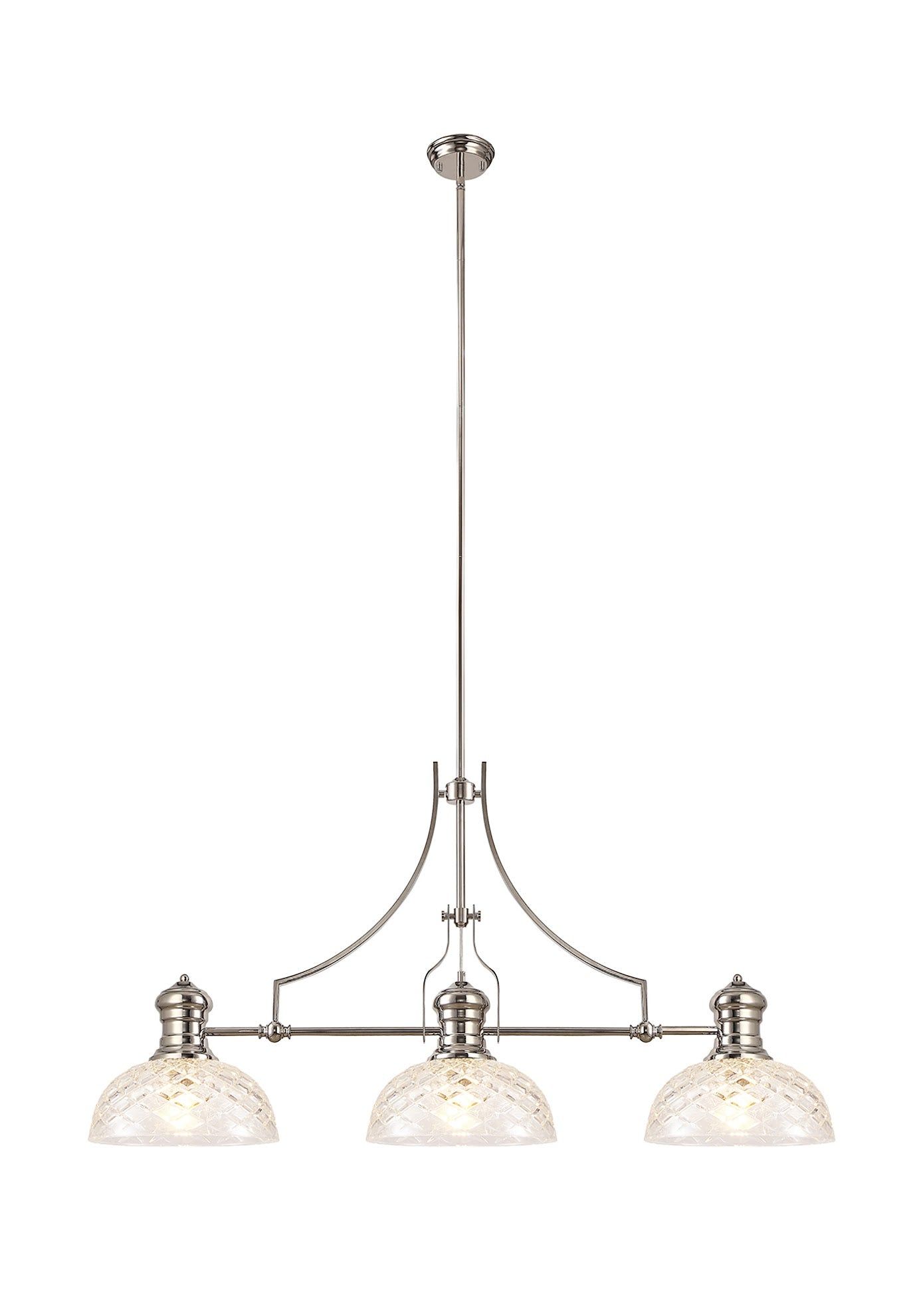 Savannah Linear Pendant With 30cm Flat Round Patterned Shade, 3 x E27, Polished Nickel/Clear Glass