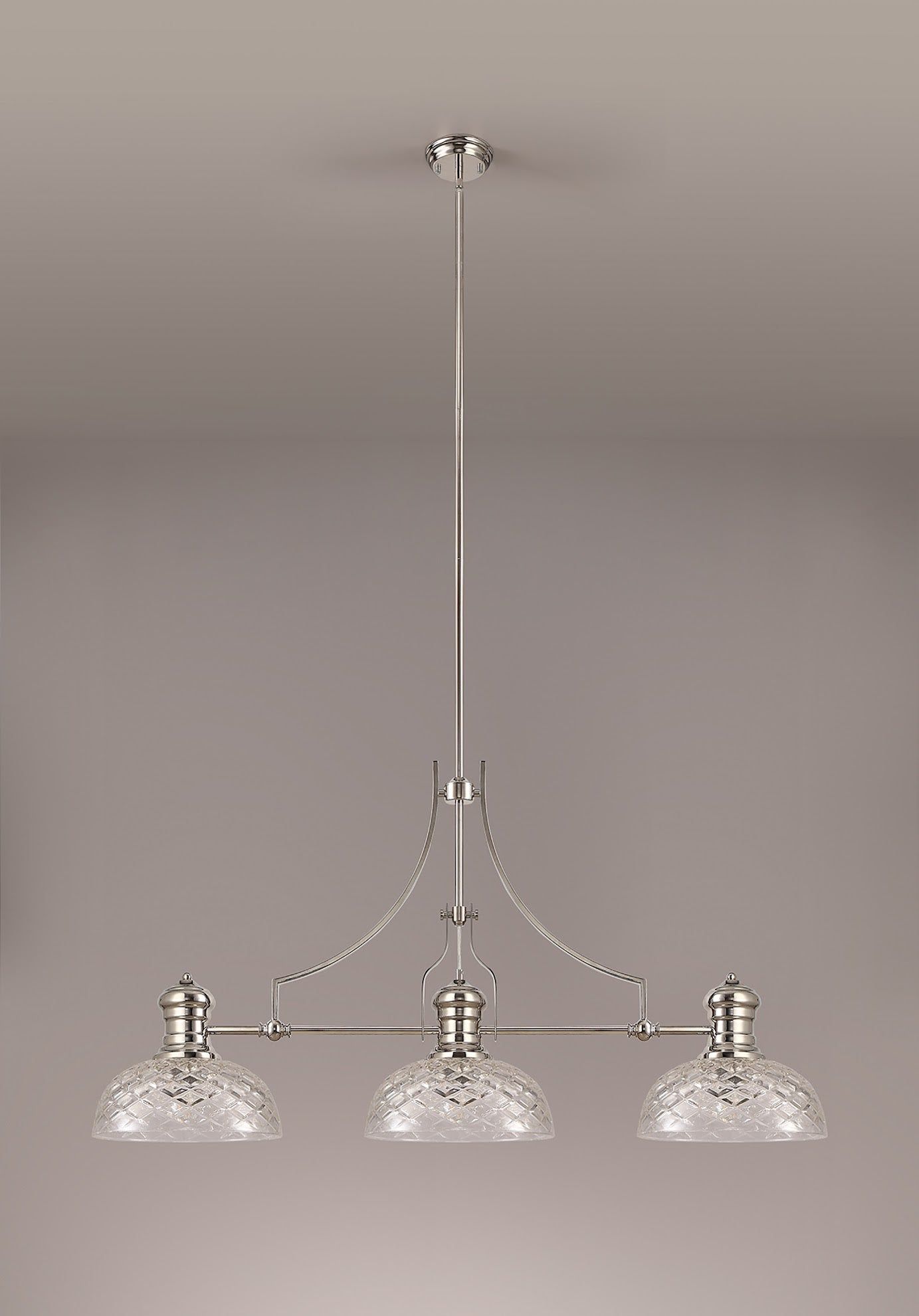 Savannah Linear Pendant With 30cm Flat Round Patterned Shade, 3 x E27, Polished Nickel/Clear Glass