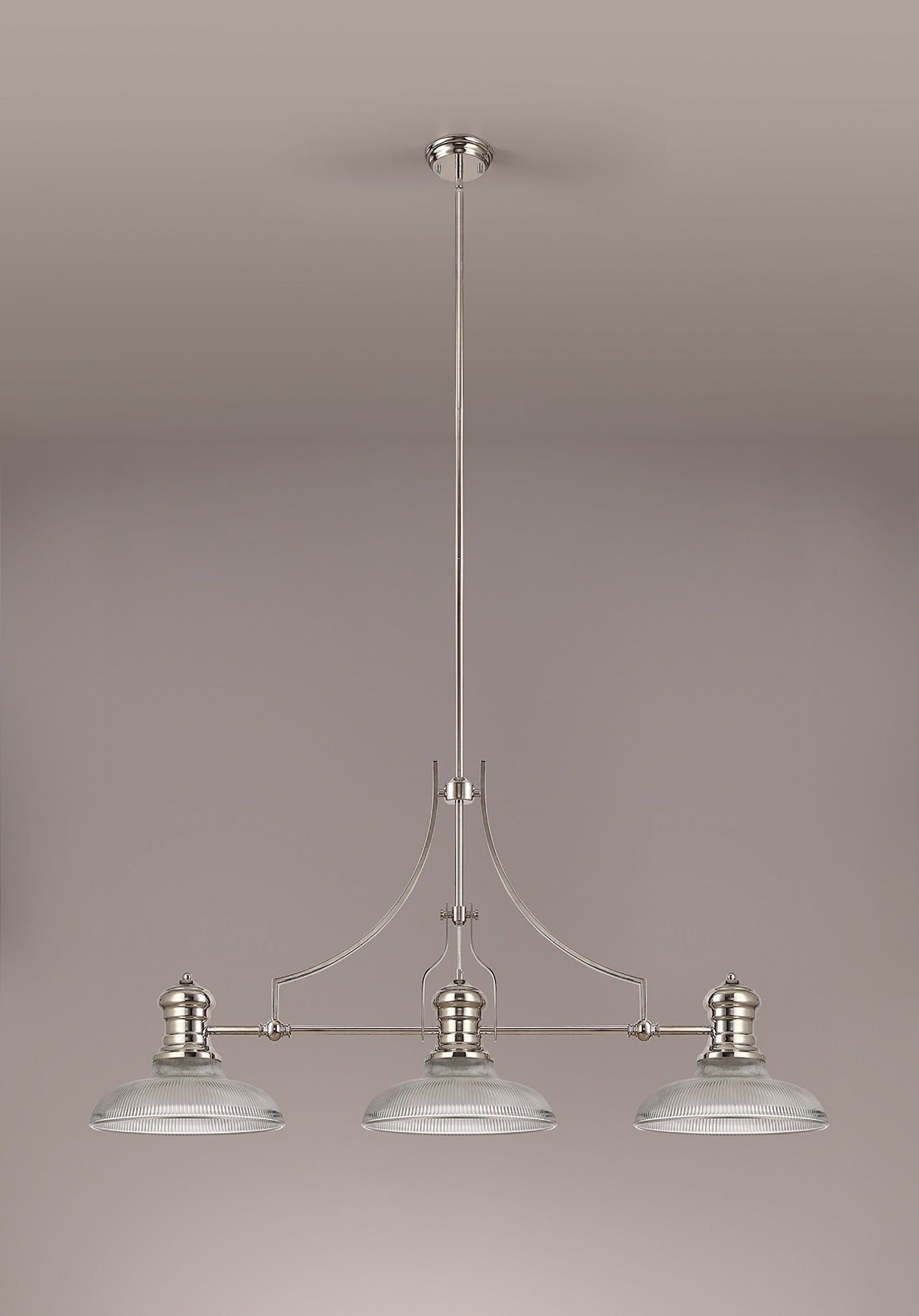Savannah 3 Light Linear Pendant E27 With 30cm Round Glass Shade, Polished Nickel, Clear