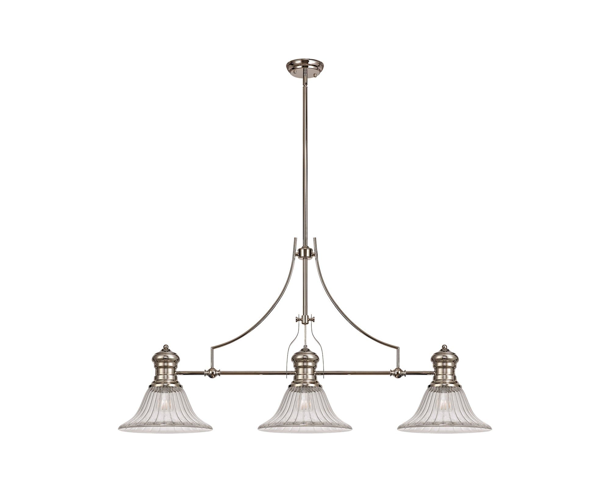 Savannah 3 Light Linear Pendant E27 With 30cm Bell Glass Shade, Polished Nickel, Clear
