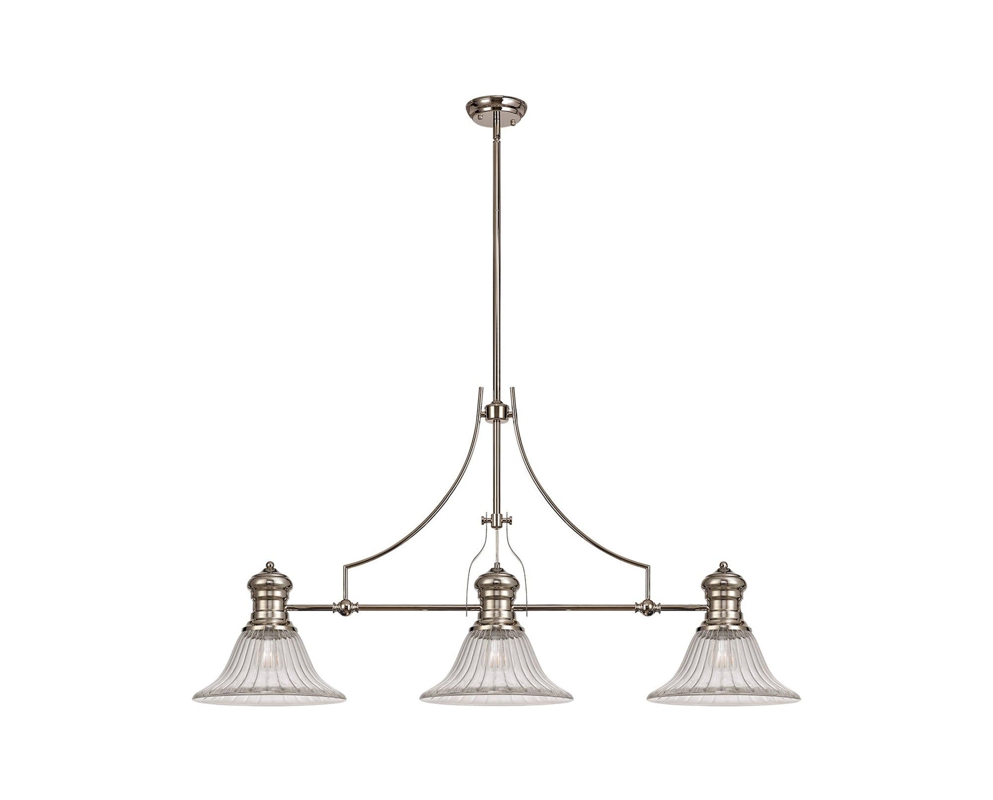 Savannah 3 Light Linear Pendant E27 With 30cm Bell Glass Shade, Polished Nickel, Clear