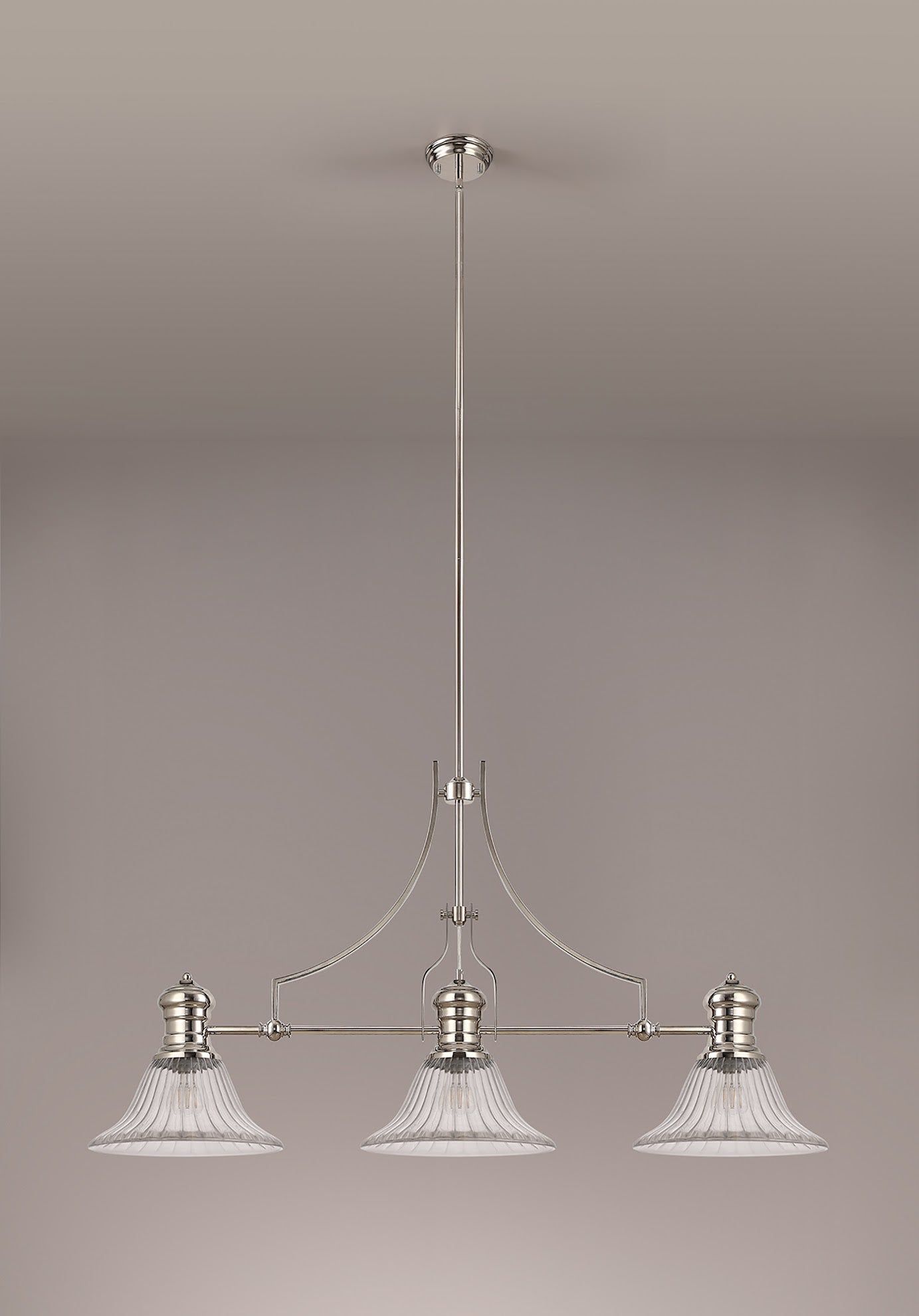 Savannah 3 Light Linear Pendant E27 With 30cm Bell Glass Shade, Polished Nickel, Clear