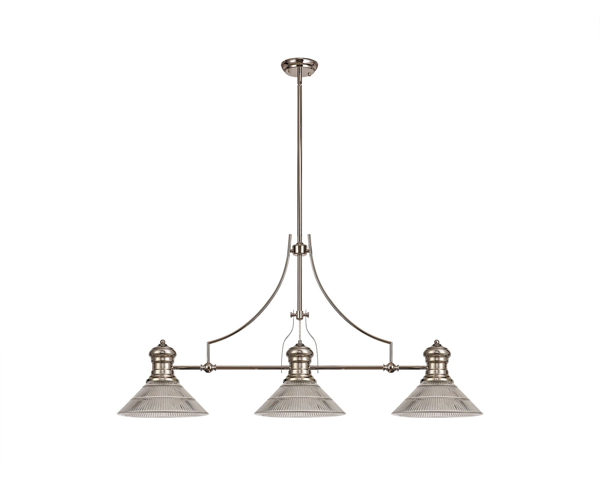 Savannah 3 Light Linear Pendant E27 With 30cm Cone Glass Shade, Polished Nickel, Clear