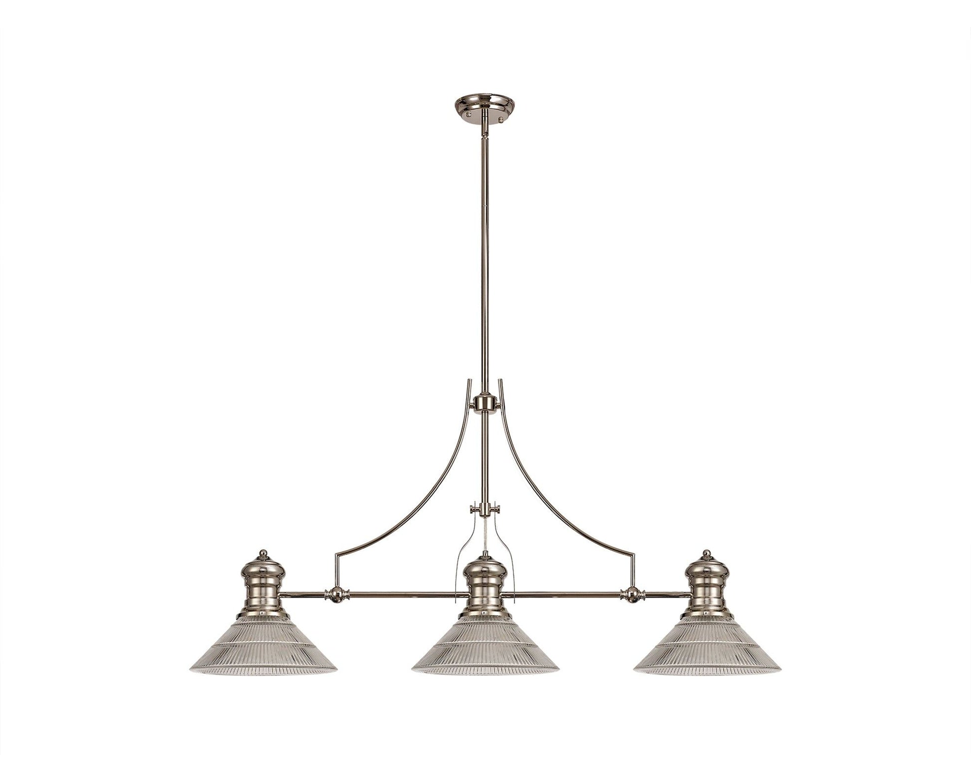 Savannah 3 Light Linear Pendant E27 With 30cm Cone Glass Shade, Polished Nickel, Clear