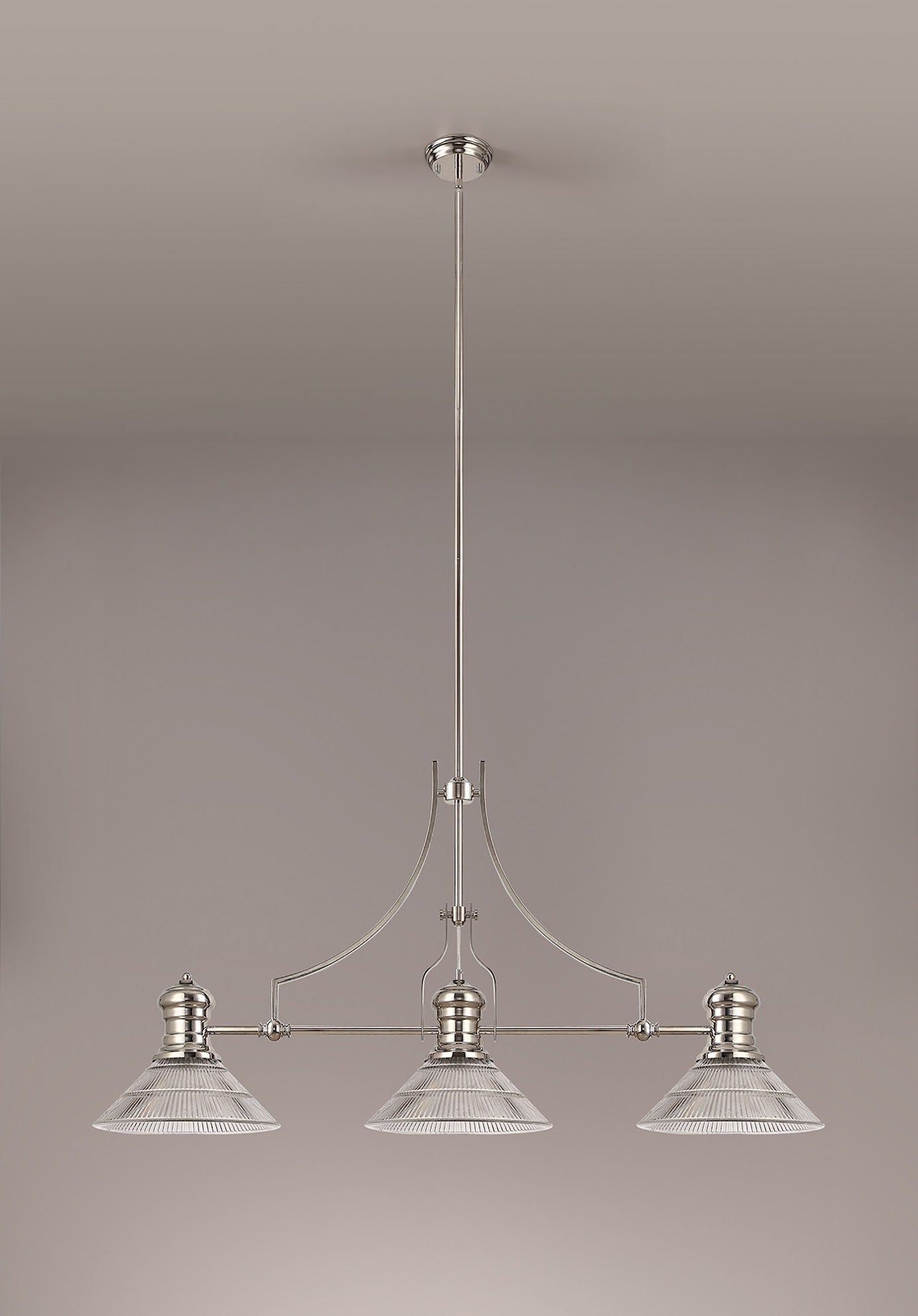 Savannah 3 Light Linear Pendant E27 With 30cm Cone Glass Shade, Polished Nickel, Clear