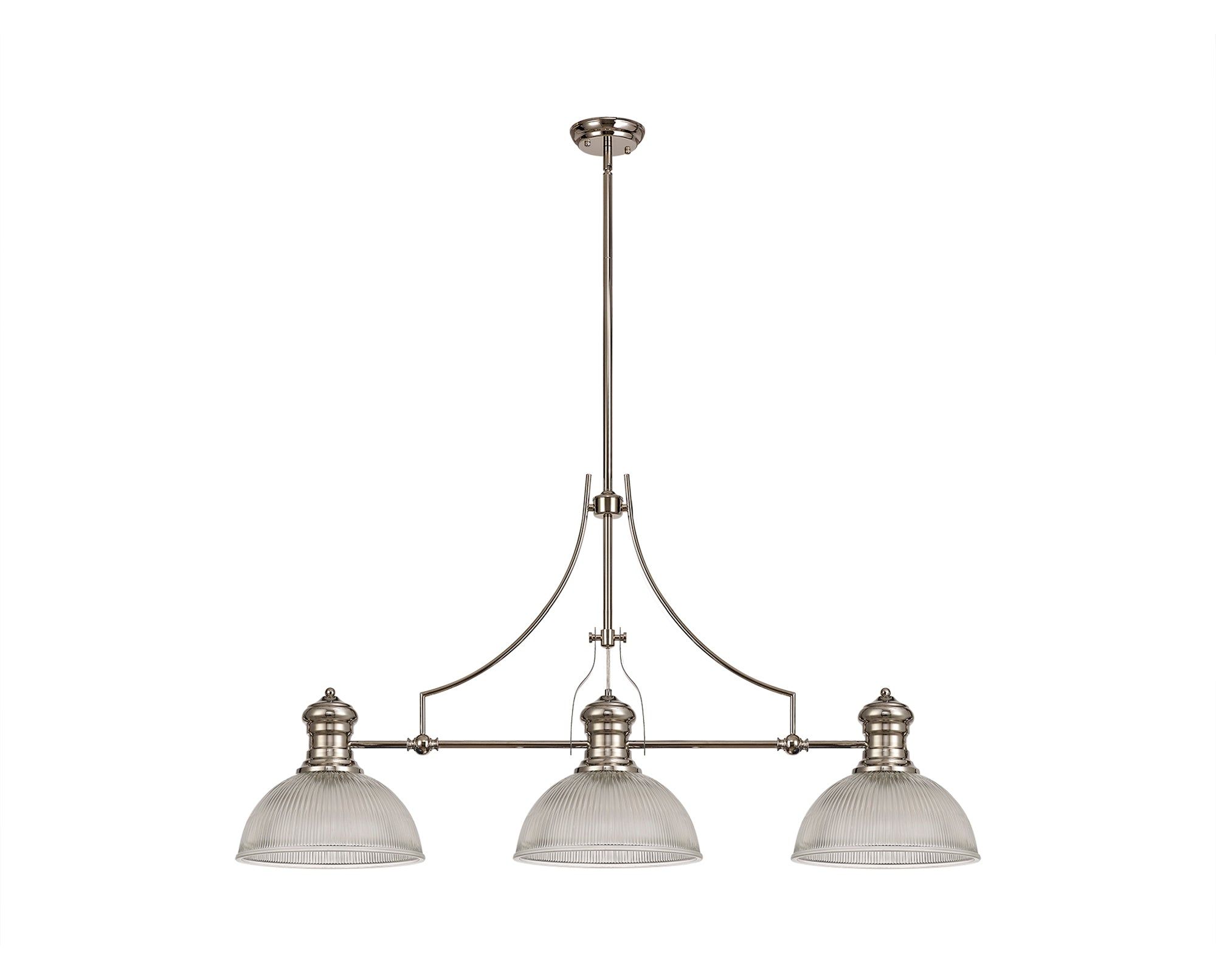 Savannah 3 Light Linear Pendant E27 With 30cm Dome Glass Shade, Polished Nickel, Clear