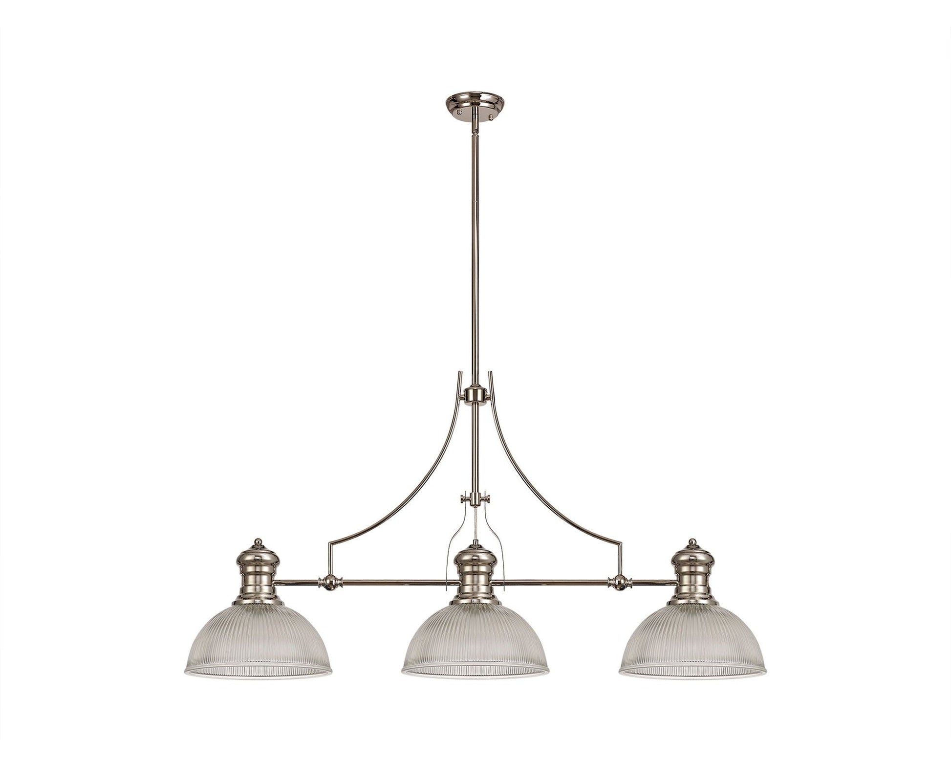 Savannah 3 Light Linear Pendant E27 With 30cm Dome Glass Shade, Polished Nickel, Clear