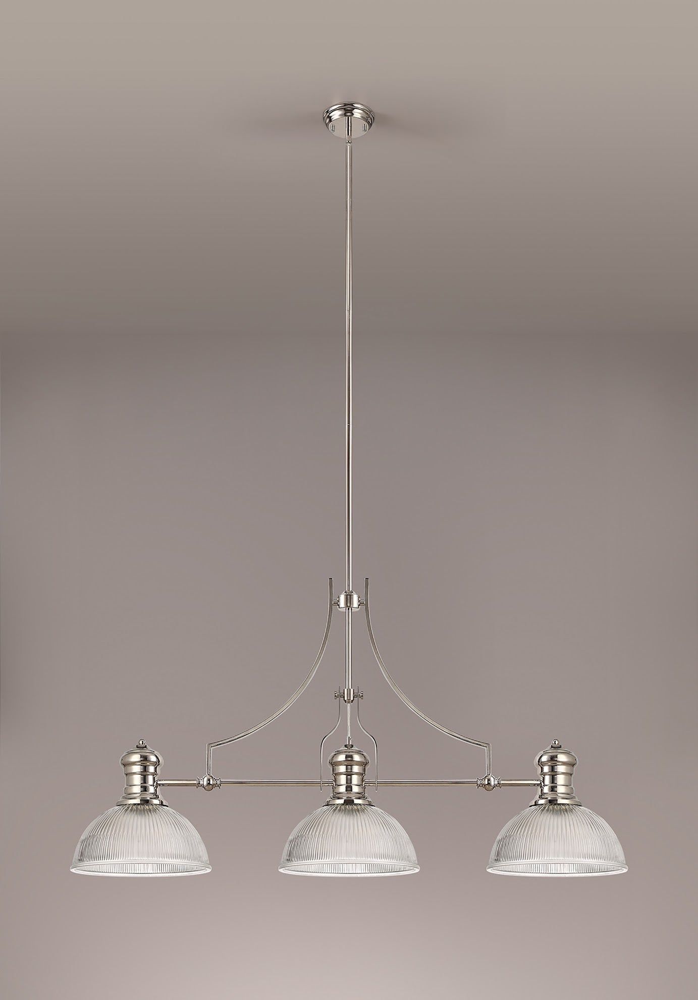 Savannah 3 Light Linear Pendant E27 With 30cm Dome Glass Shade, Polished Nickel, Clear