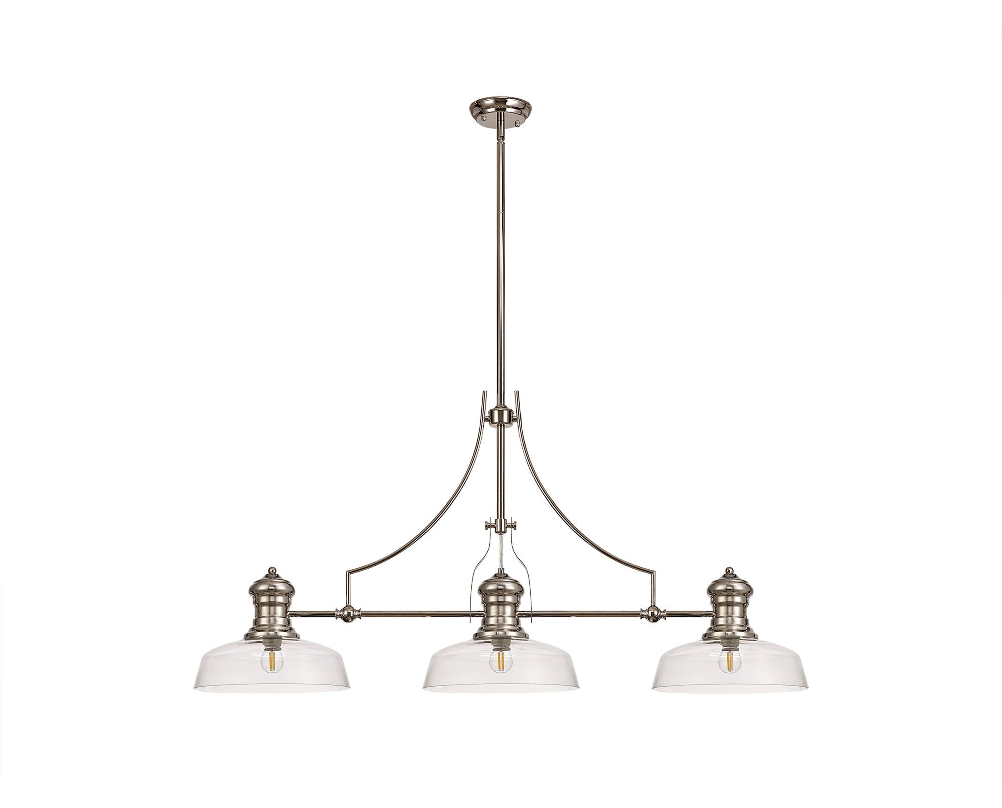Savannah 3 Light Linear Pendant E27 With 30cm Flat Round Glass Shade, Polished Nickel, Clear