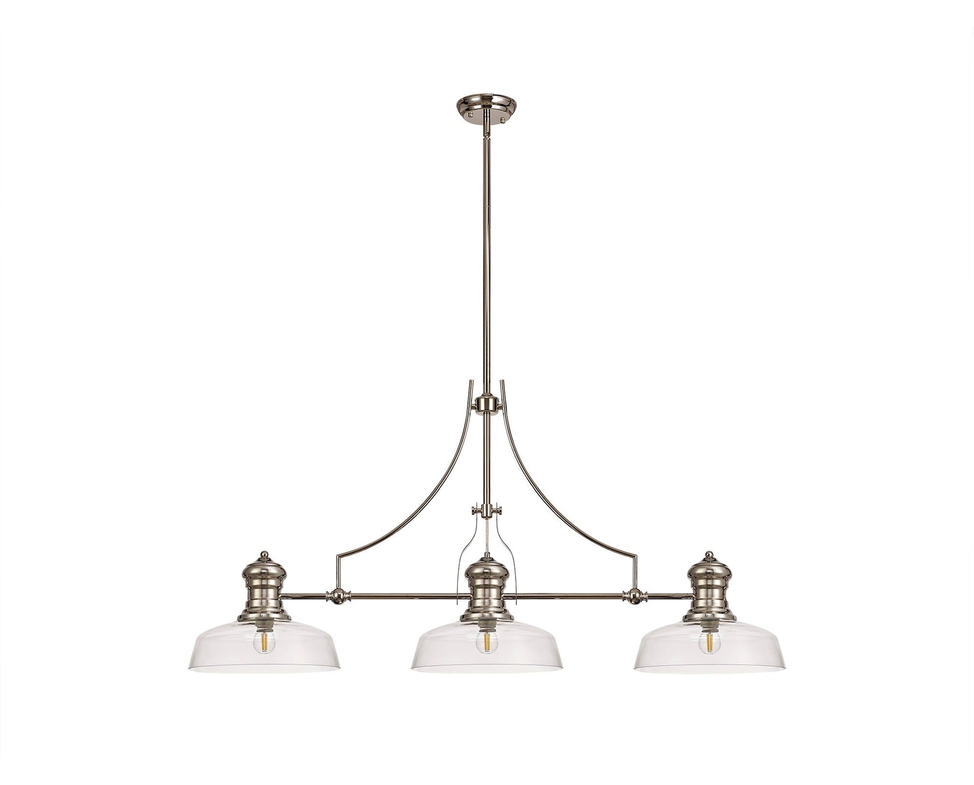 Savannah 3 Light Linear Pendant E27 With 30cm Flat Round Glass Shade, Polished Nickel, Clear