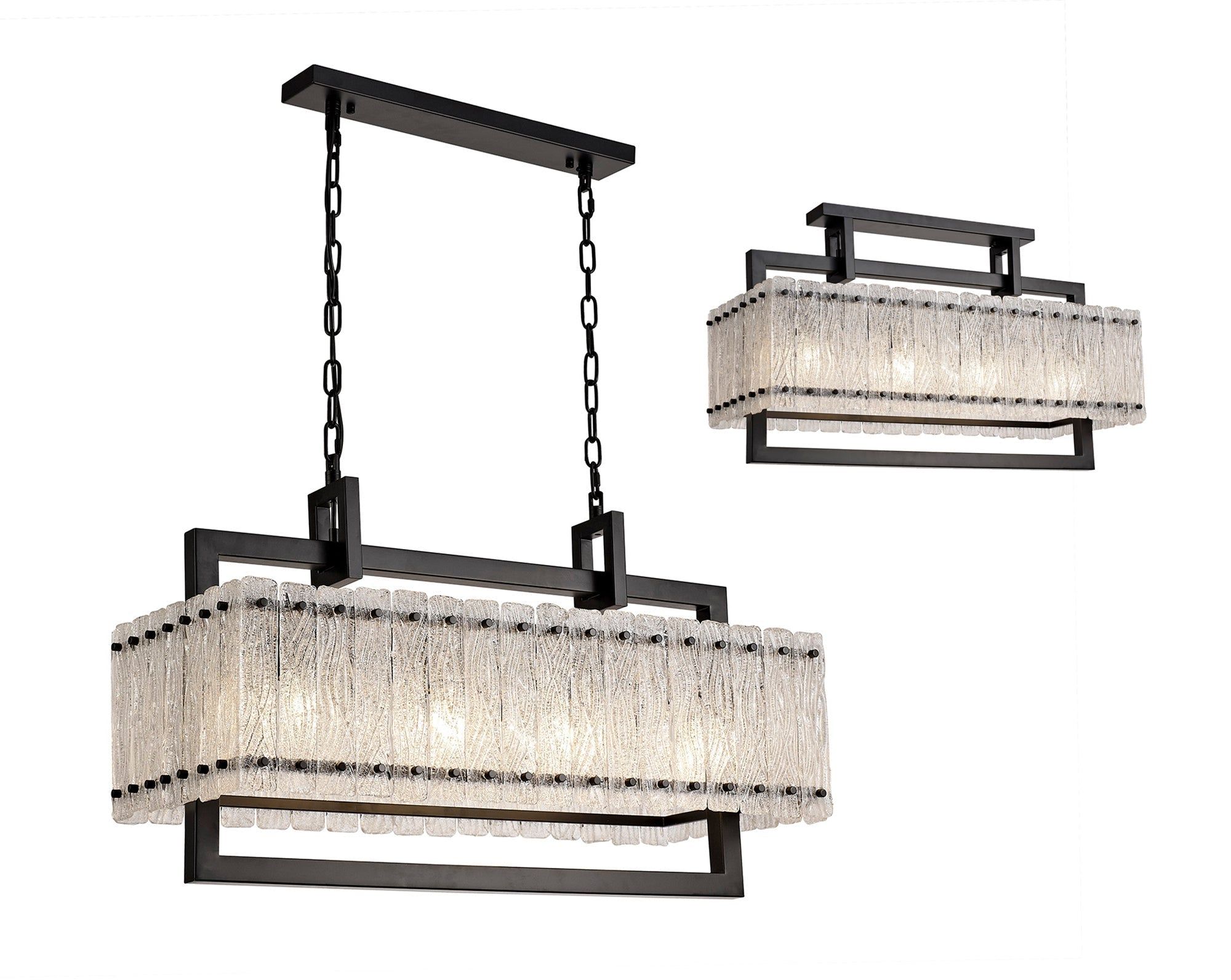 Vimonia Large Linear Pendant, 8/12 Light E27, Matt Black/Crystal Sand Glass 
