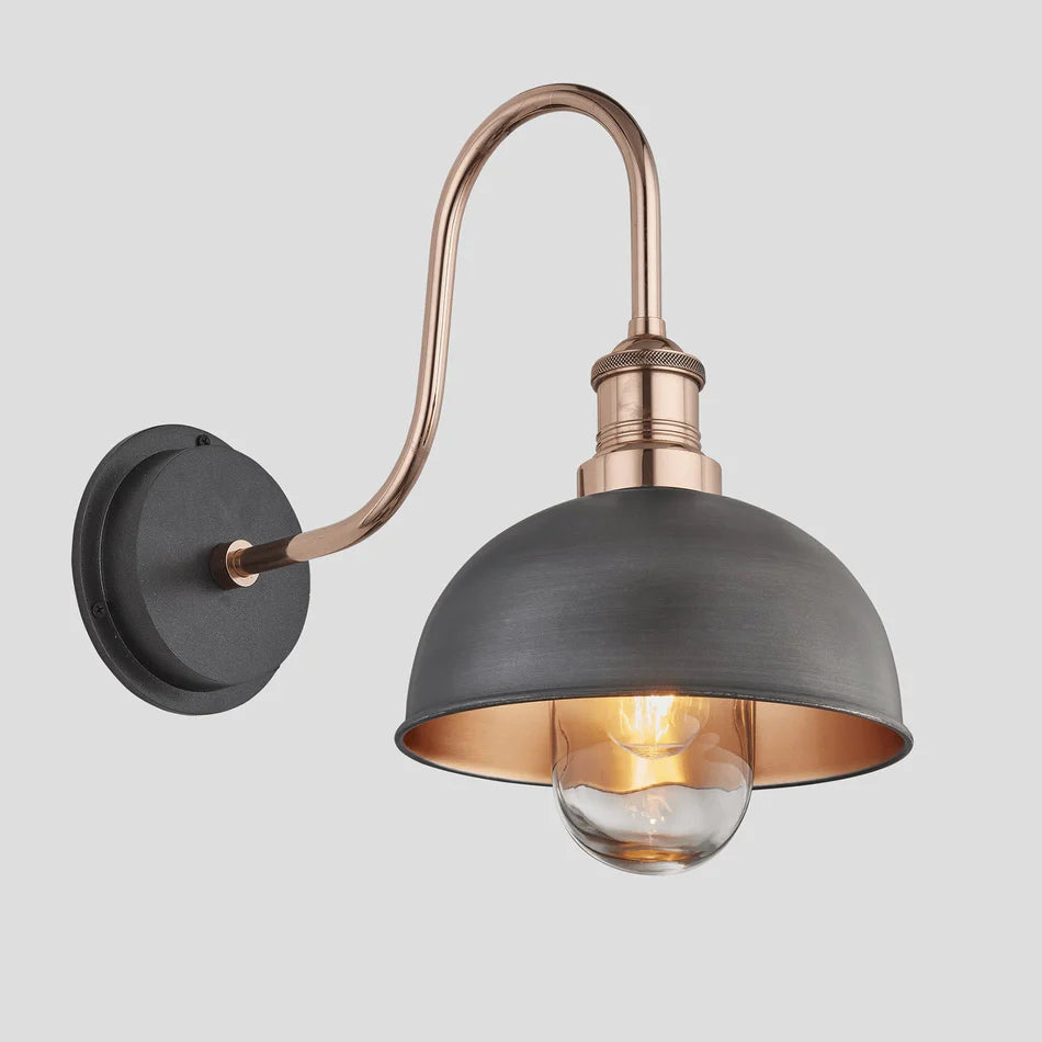 Swan Neck Outdoor & Bathroom Dome Wall Light - 8 Inch - Pewter & Copper - Copper Holder