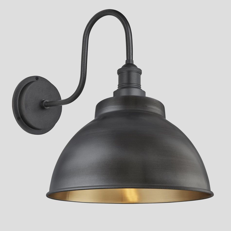 Swan Neck Outdoor & Bathroom Dome Wall Light - 13 Inch - Pewter & Brass - Pewter Holder