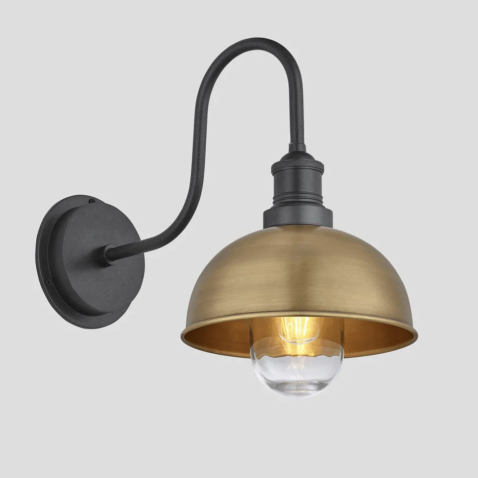 Swan Neck Outdoor & Bathroom Dome Wall Light - 8 Inch - Brass- Pewter Holder