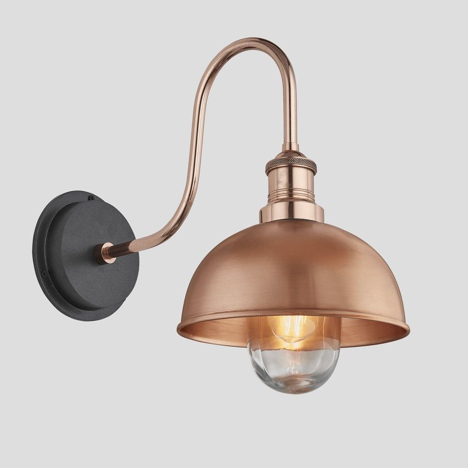 Swan Neck Outdoor & Bathroom Dome Wall Light - 8 Inch - Copper - Copper Holder