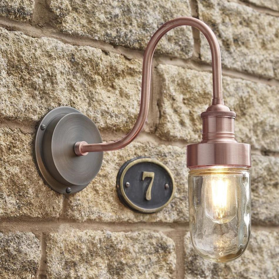 Swan Neck Outdoor & Bathroom Wall Light - Copper - Tube Glass