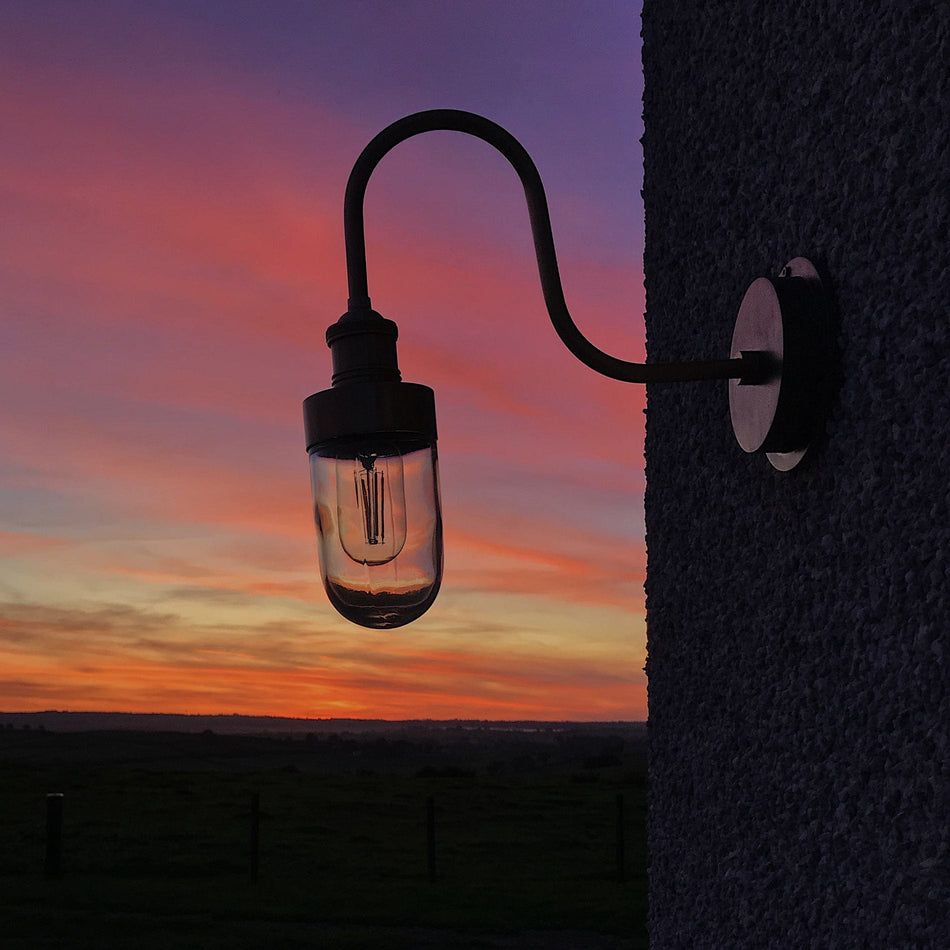 Swan Neck Outdoor & Bathroom Wall Light - Brass/Copper/Pewter - Tube Glass