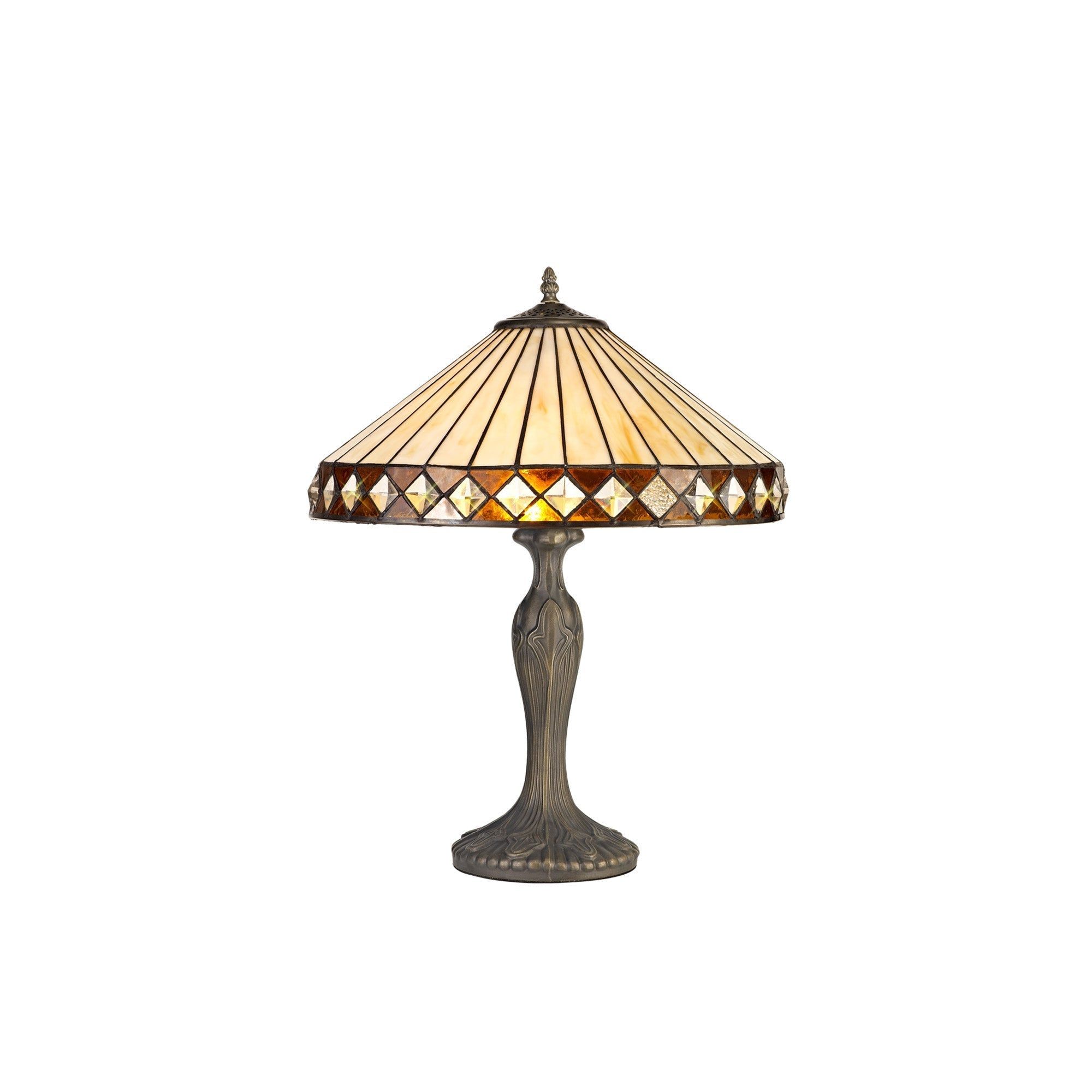 Isrmian 1 Light Curved Table Lamp E27 With 30cm Tiffany Shade, Amber/Cream/Crystal/Aged Antique Brass