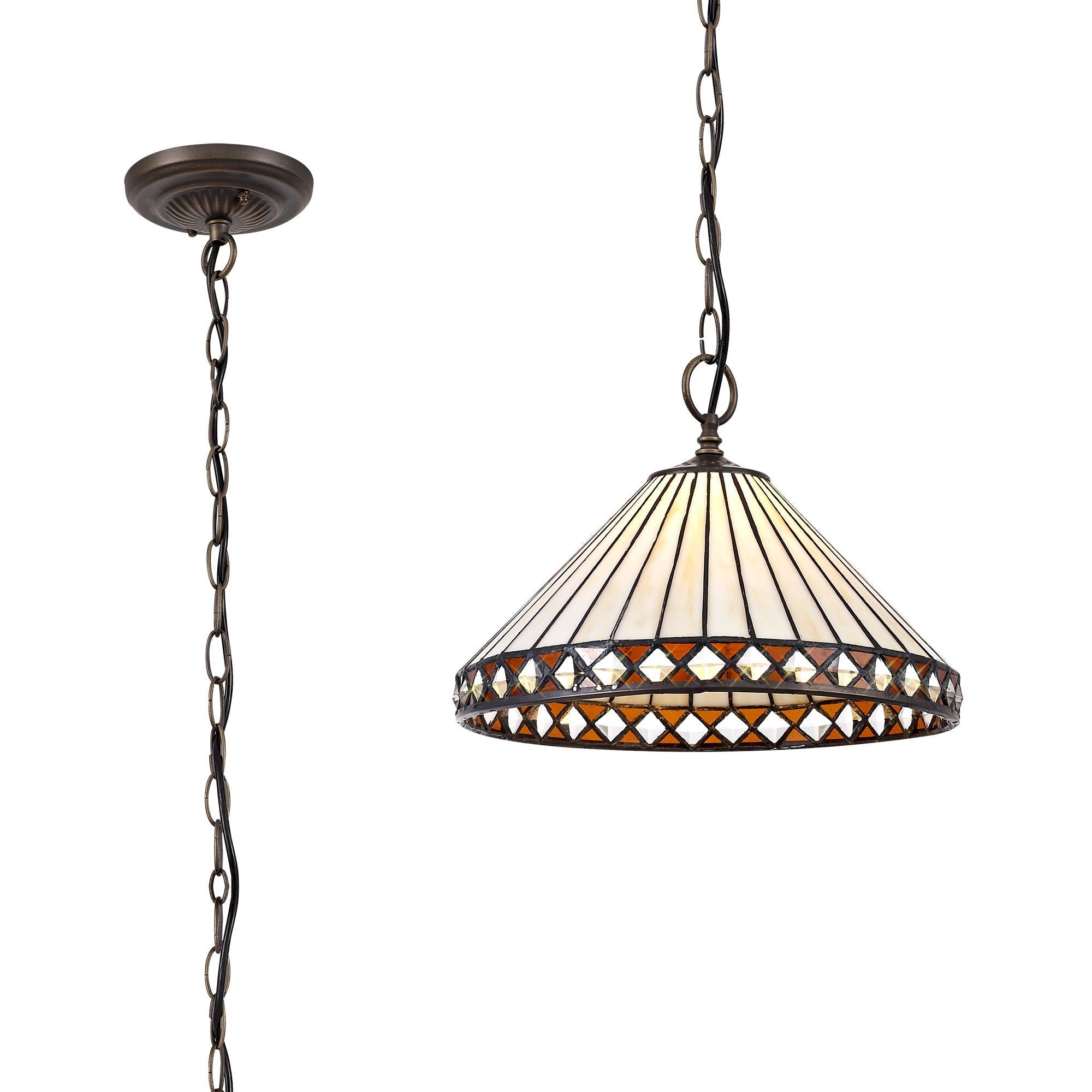 Isrmian 1 Light Downlighter Pendant E27 With 30cm Tiffany Shade, Amber/Cream/Crystal/Aged Antique Brass