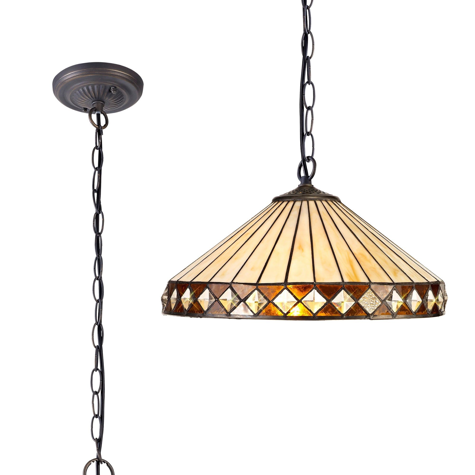 Isrmian 1 Light Downlighter Pendant E27 With 30cm Tiffany Shade, Amber/Cream/Crystal/Aged Antique Brass