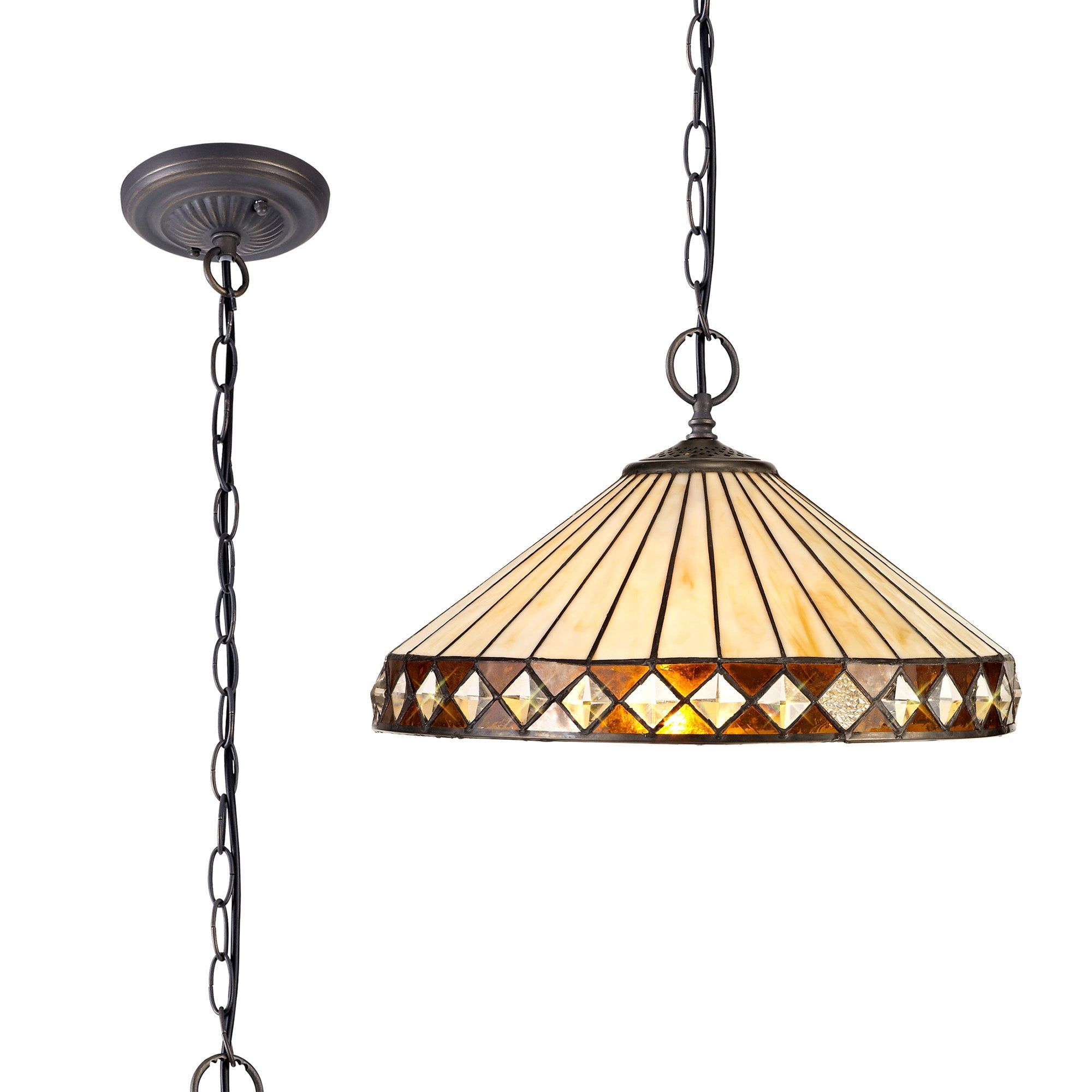 Isrmian 1 Light Downlighter Pendant E27 With 30cm Tiffany Shade, Amber/Cream/Crystal/Aged Antique Brass