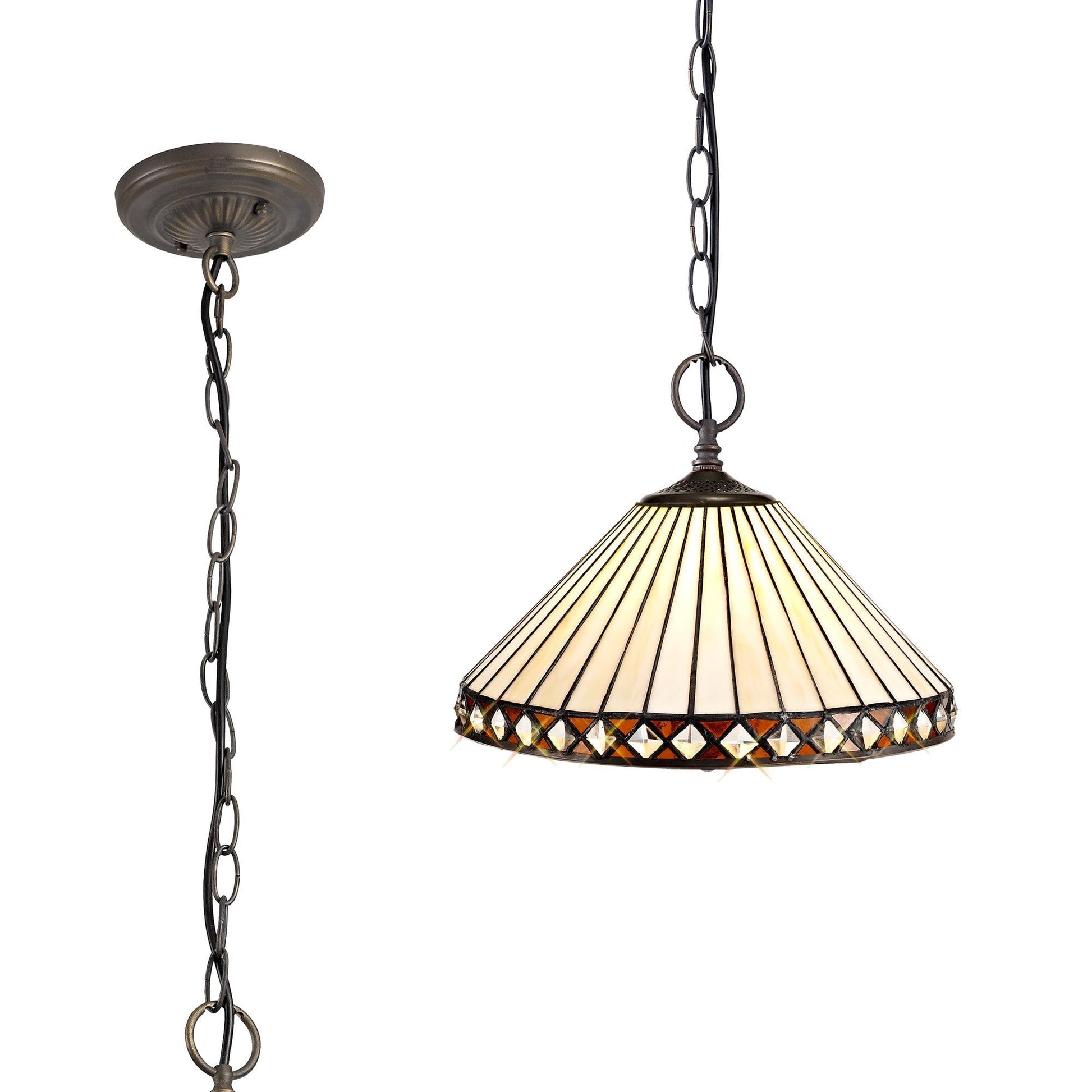Isrmian 1 Light Downlighter Pendant E27 With 30cm Tiffany Shade, Amber/Cream/Crystal/Aged Antique Brass